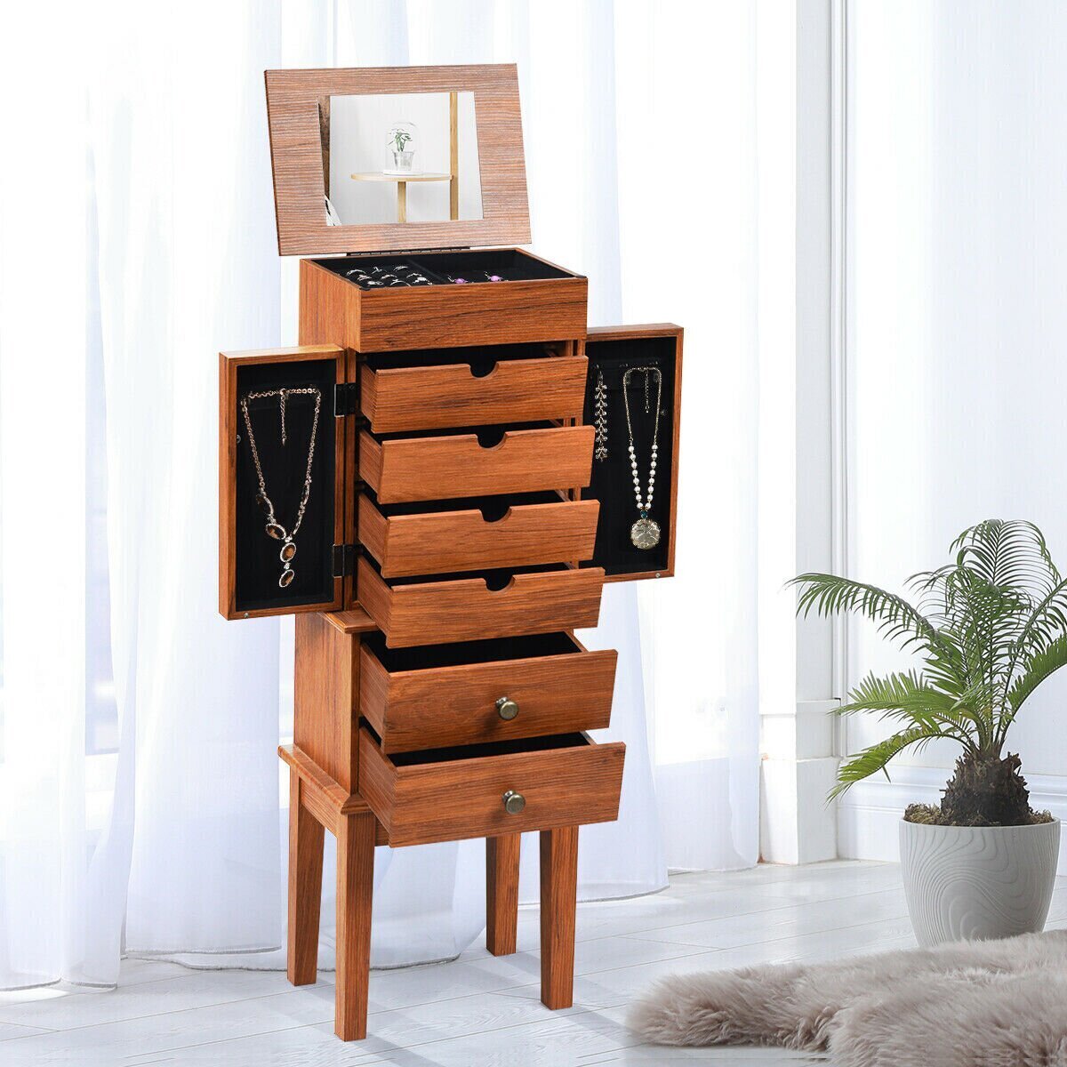 Vintage wooden jewelry box with mirror