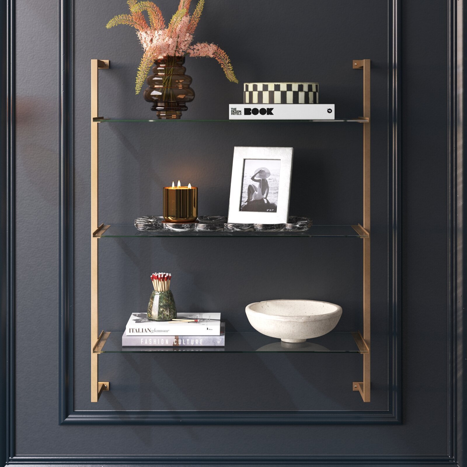 Wallmounted glass shelves for living room in a tiered design