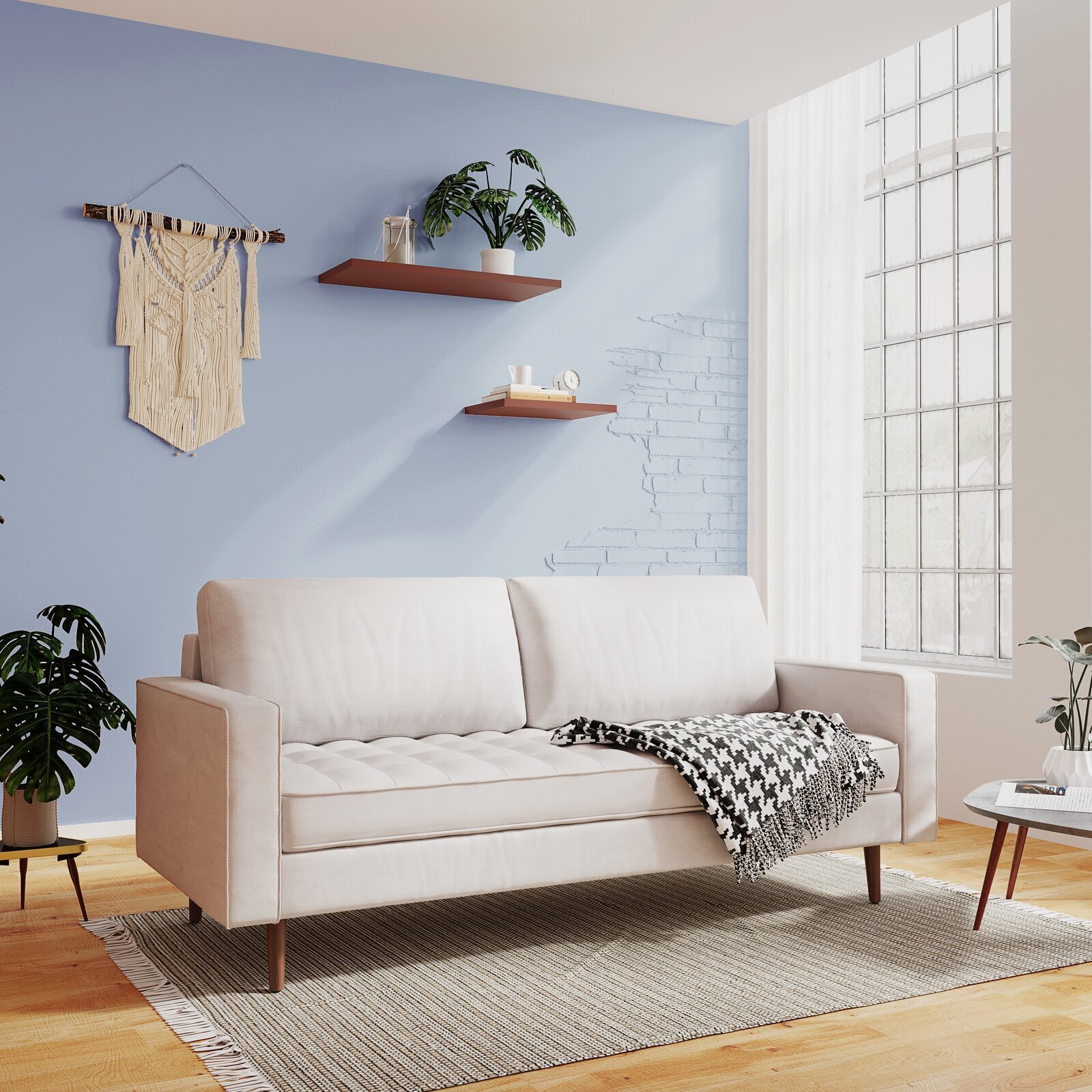 White Faux Leather Japandi Sofa 