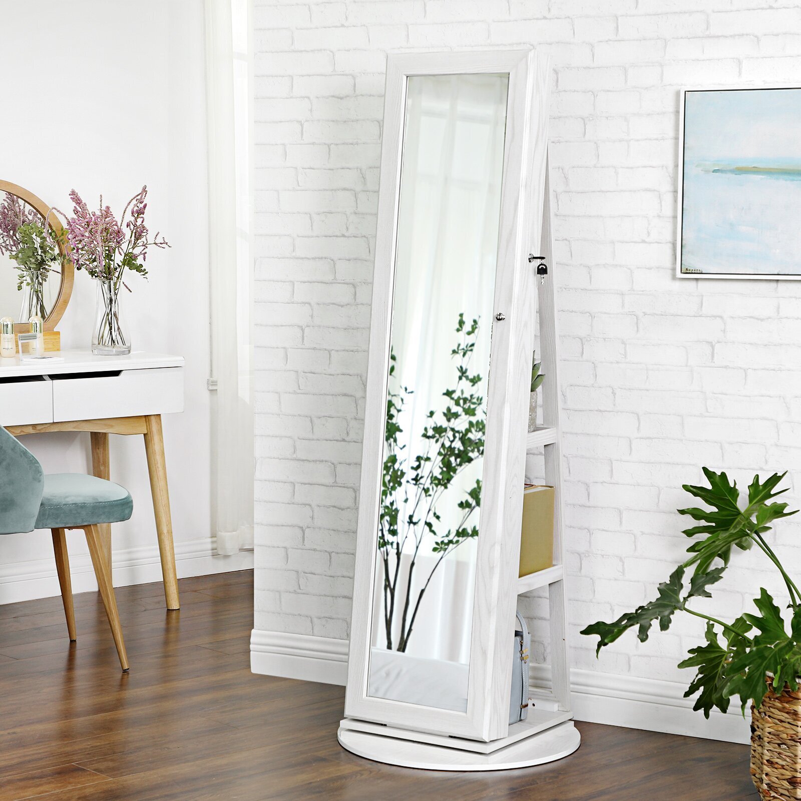 White Floor Standing Mirror Jewelry Armoire