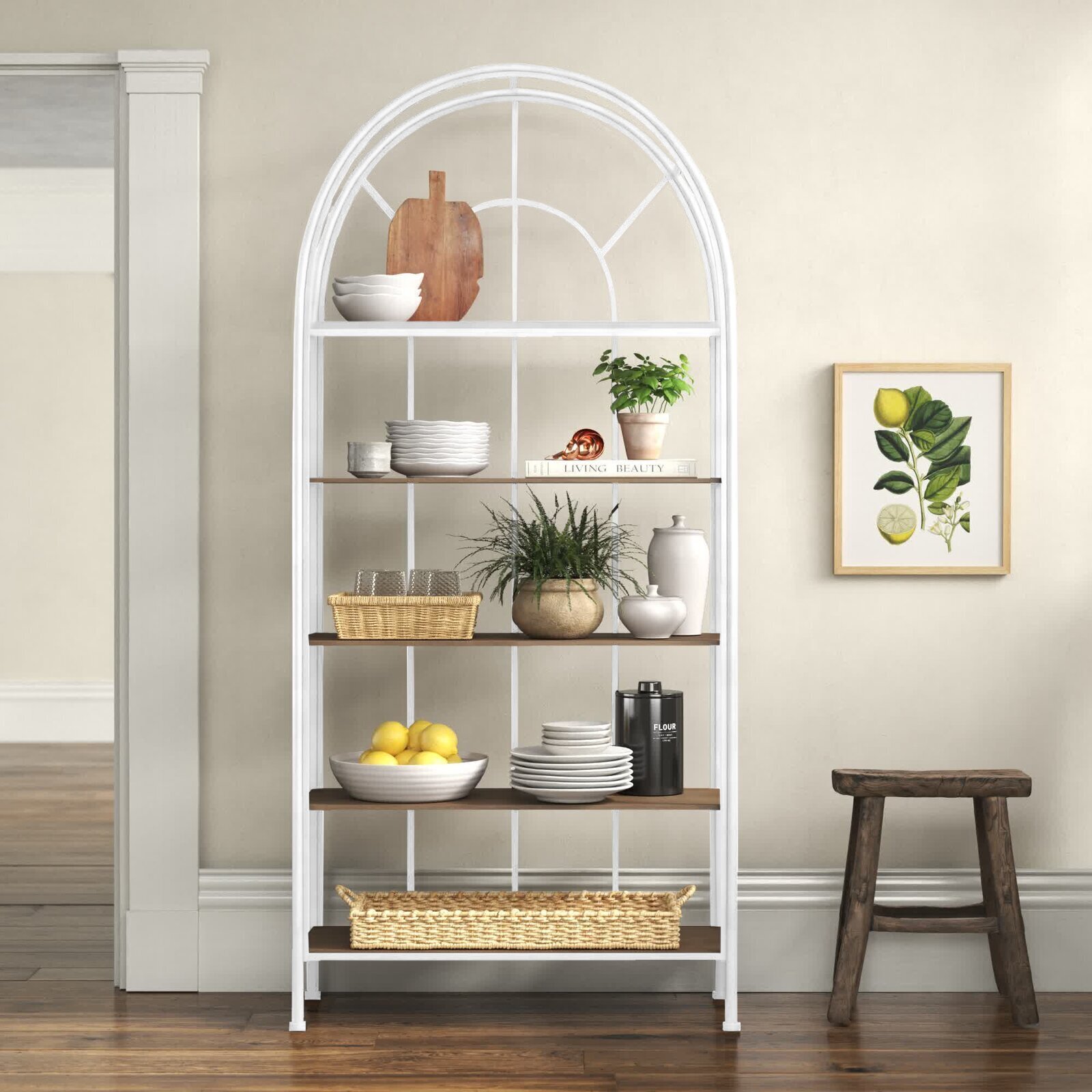 White metal and wood bakers rack