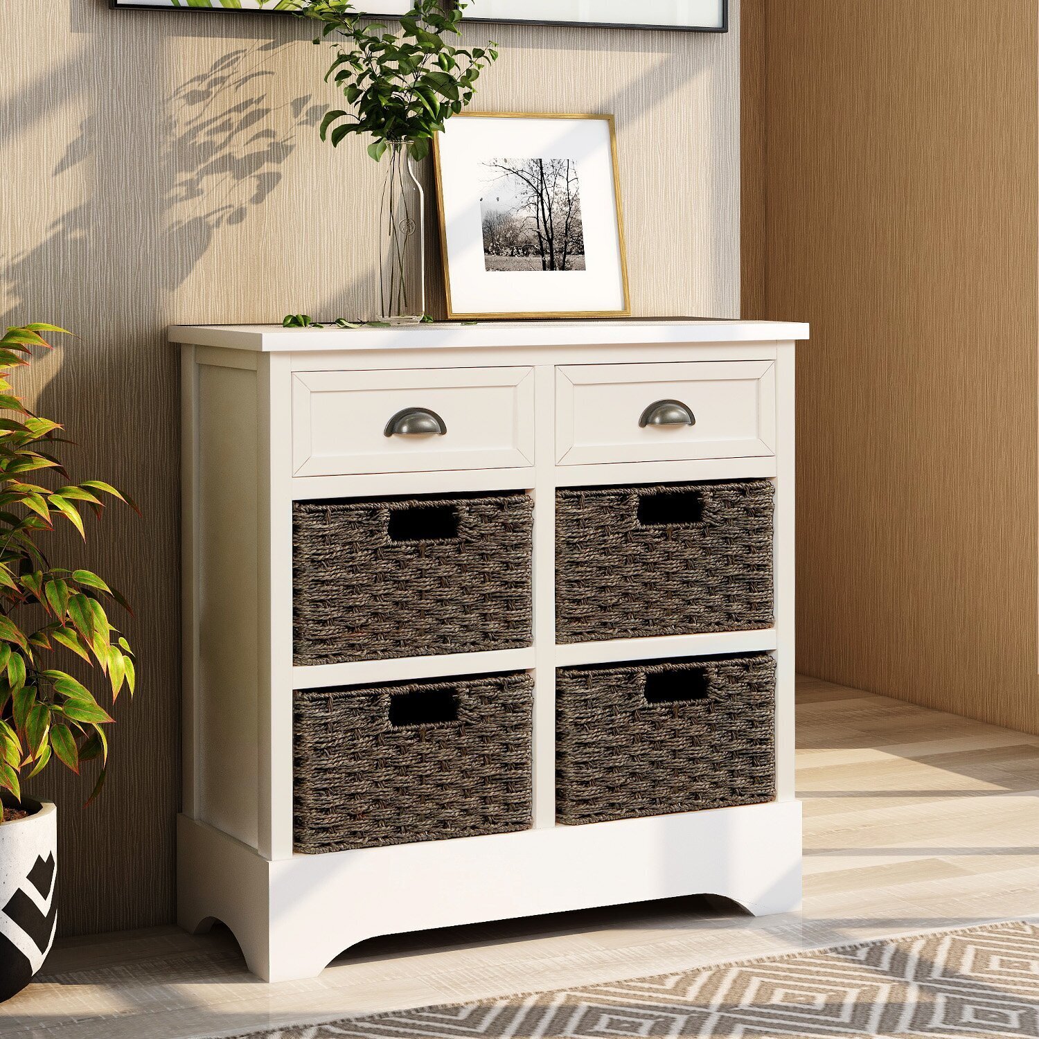 White Modern Console Table With Baskets Underneath 