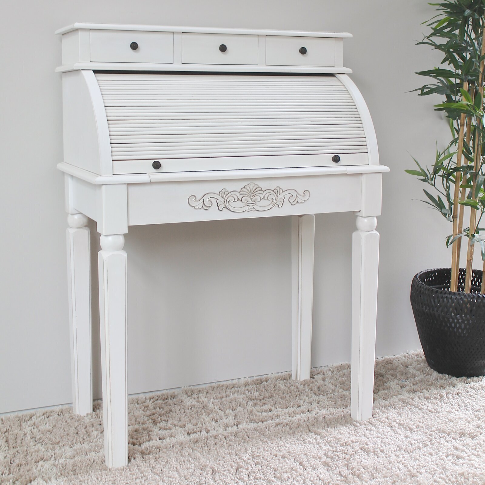 White Solid Wood Secretary Desk With Hutch
