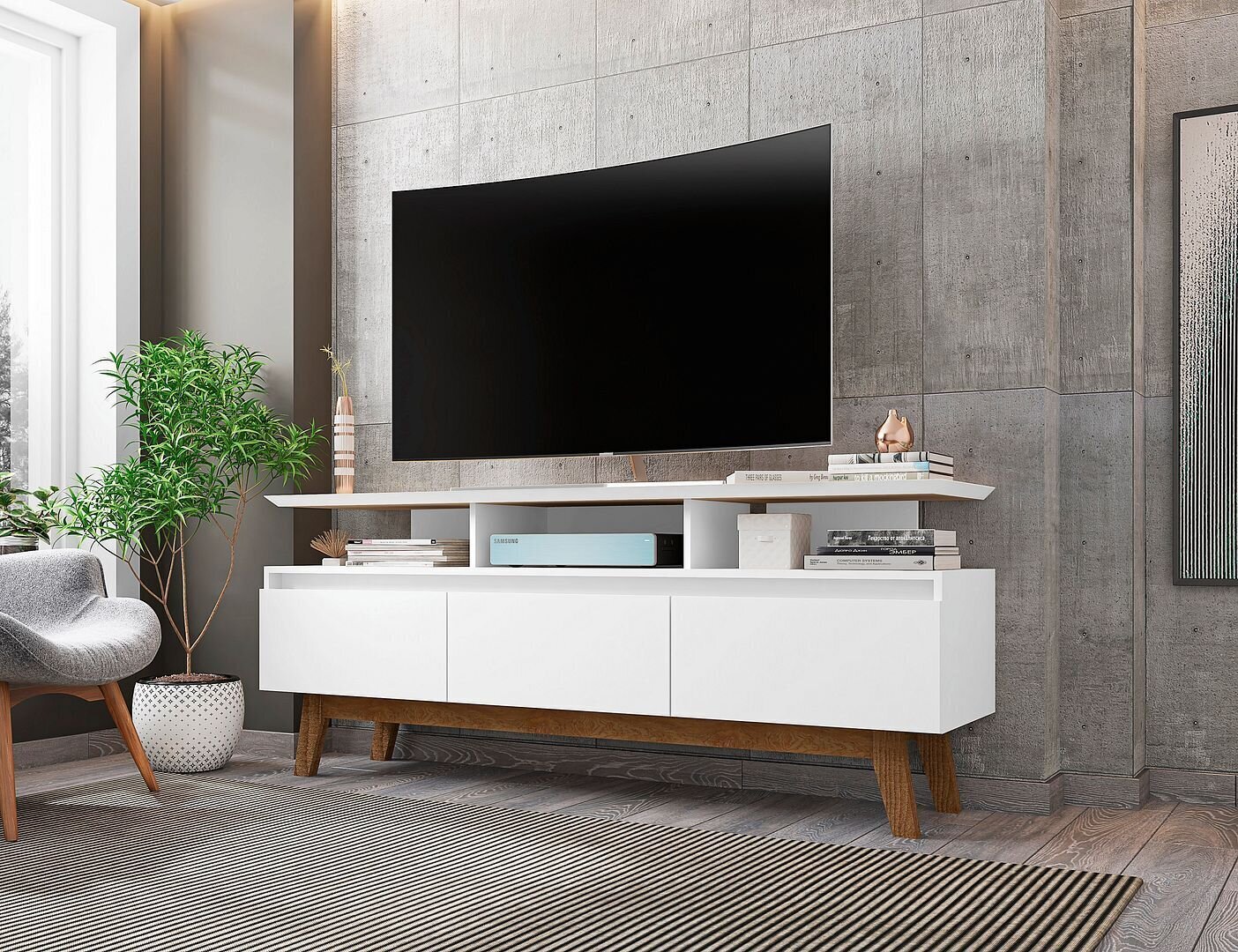 White TV Unit Design with Wood Details 