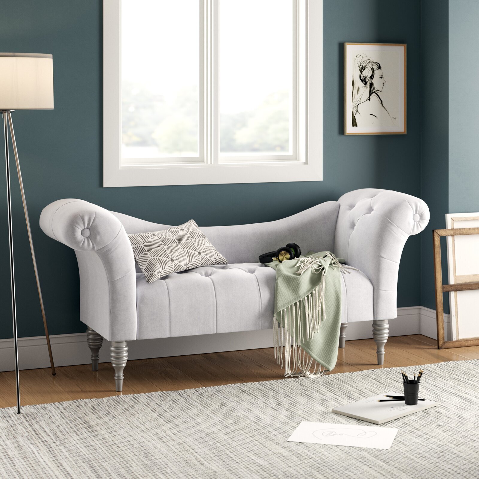 White victorian chaise lounge with tufted accents