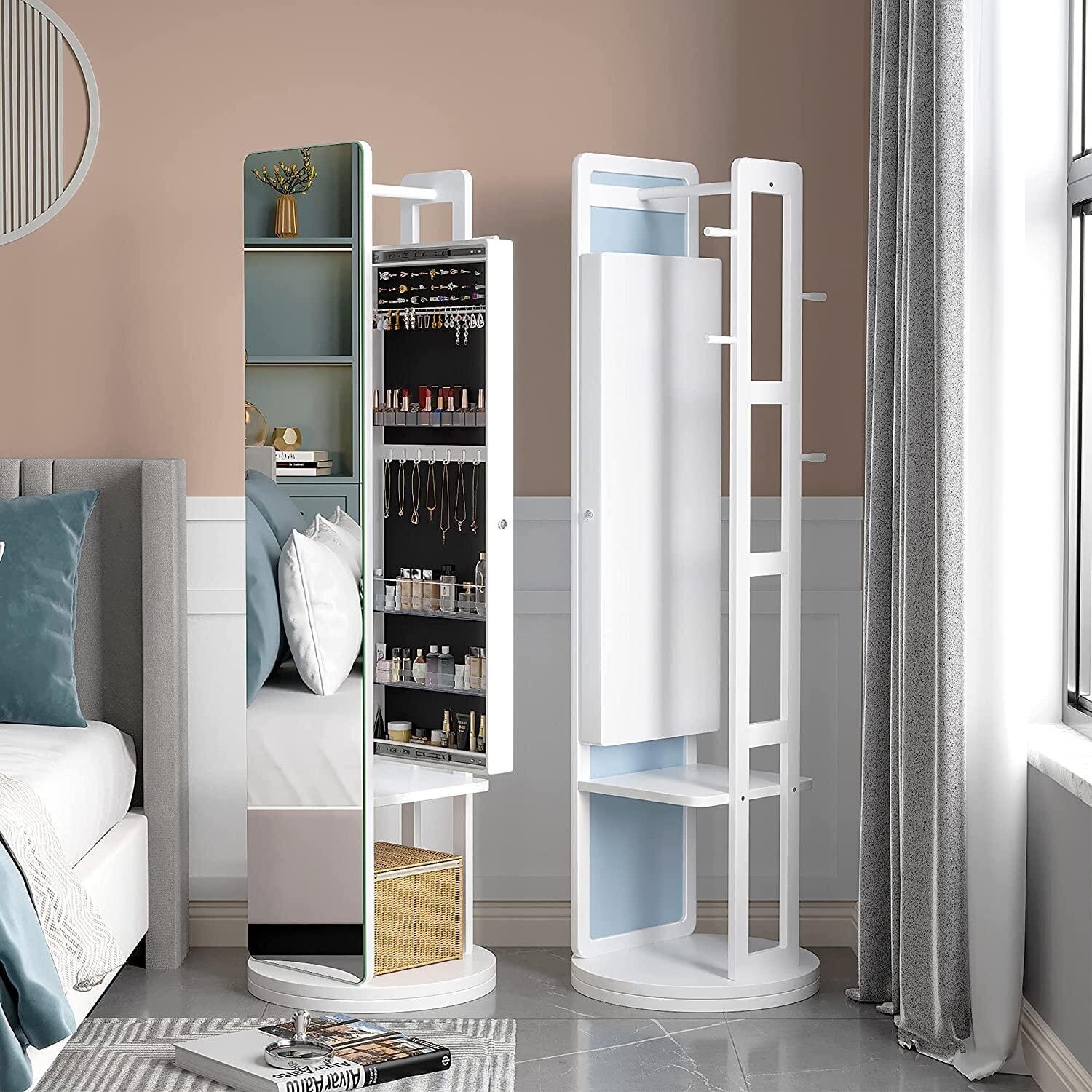 White Wood Full Length Mirror Jewelry Armoire 