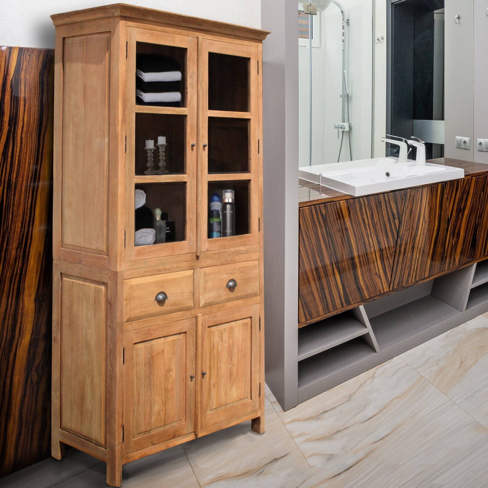 Wide and spacious natural wood linen cabinet