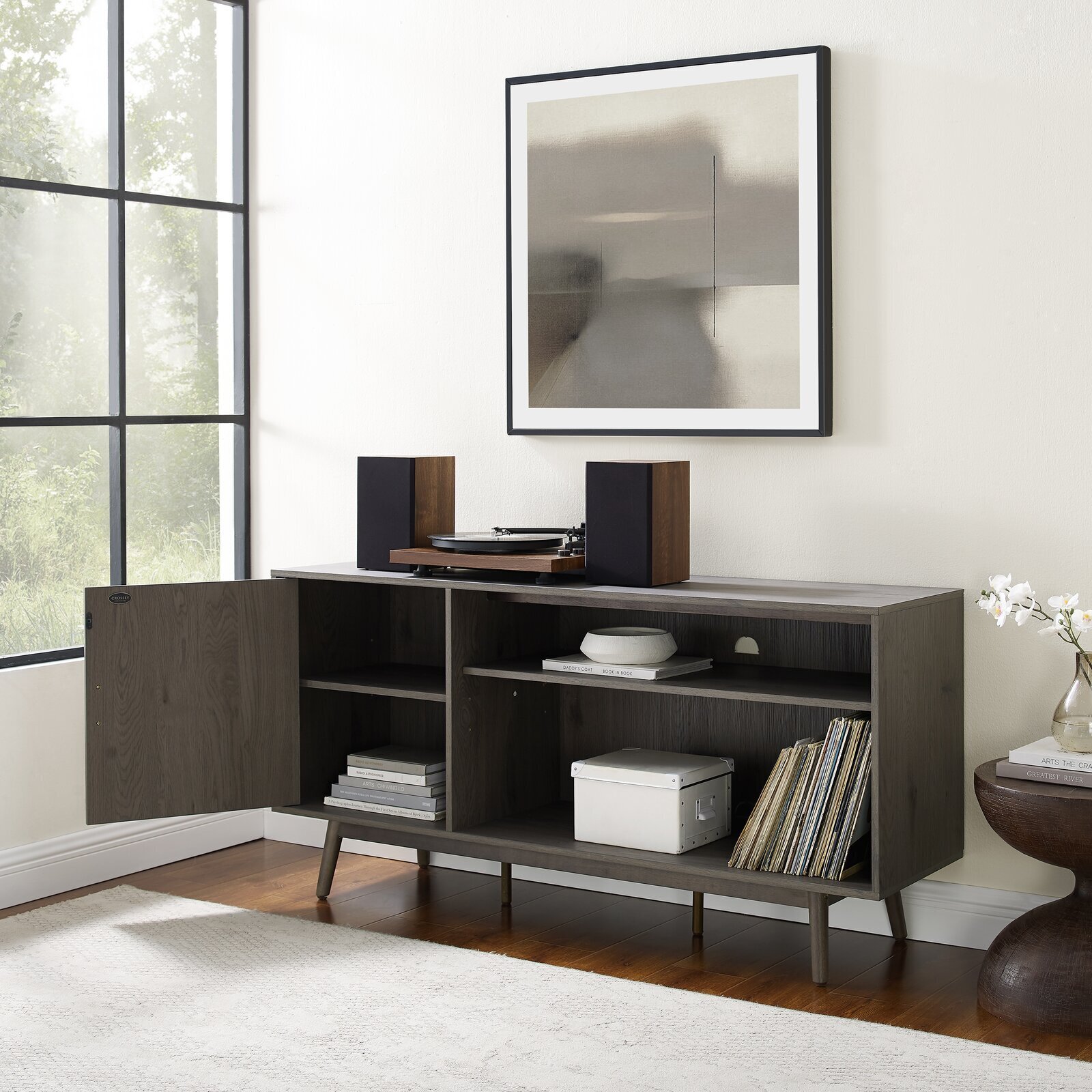Wide, Dark Grey Wood TV Stand 