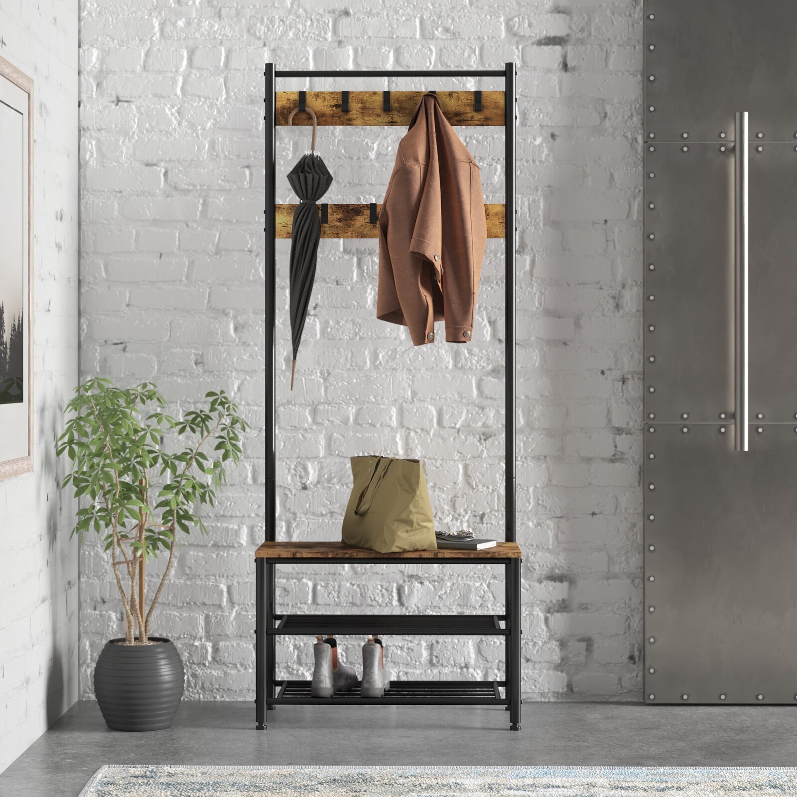 Wide Steel Hall Tree With Wooden Bench 