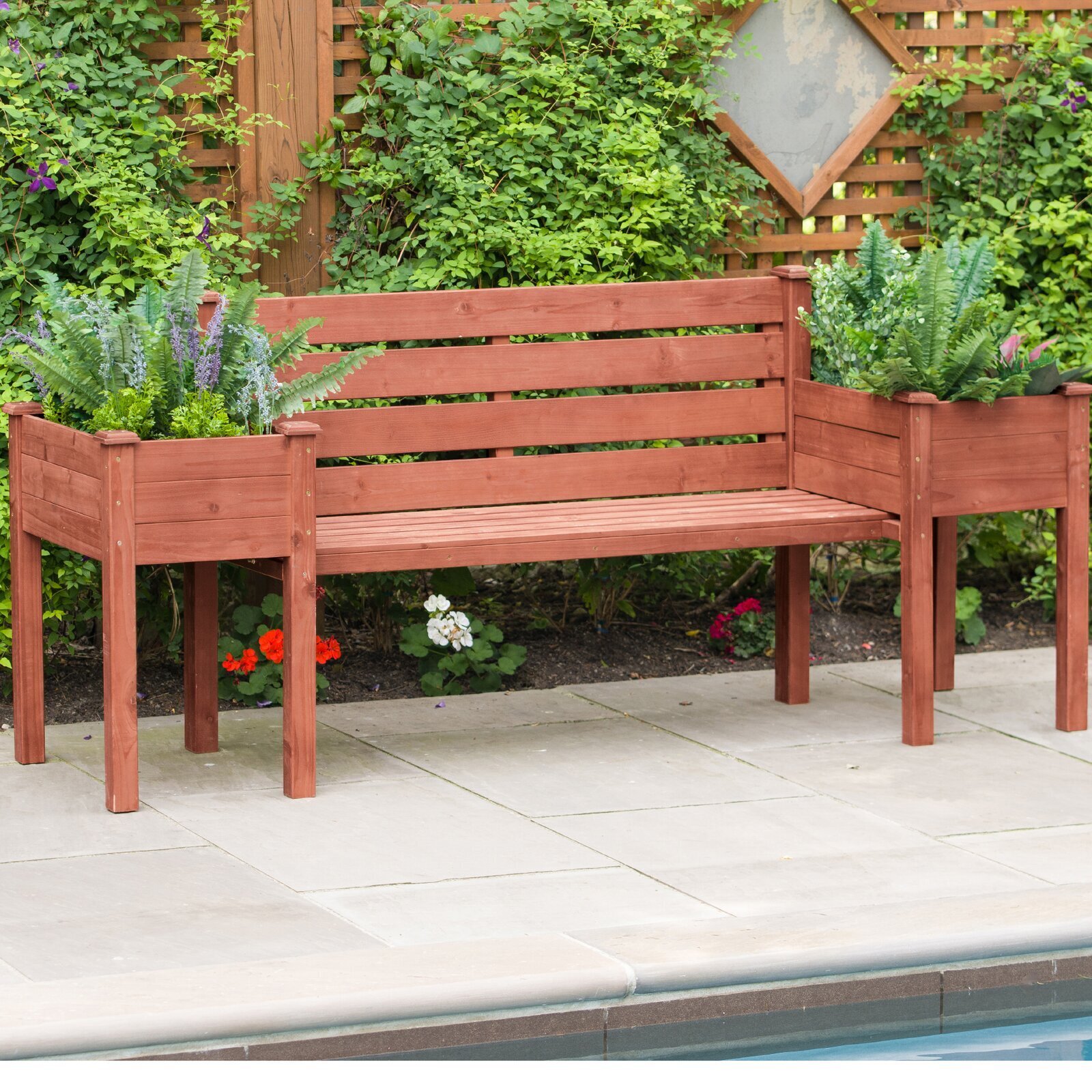 Wood bench with planters