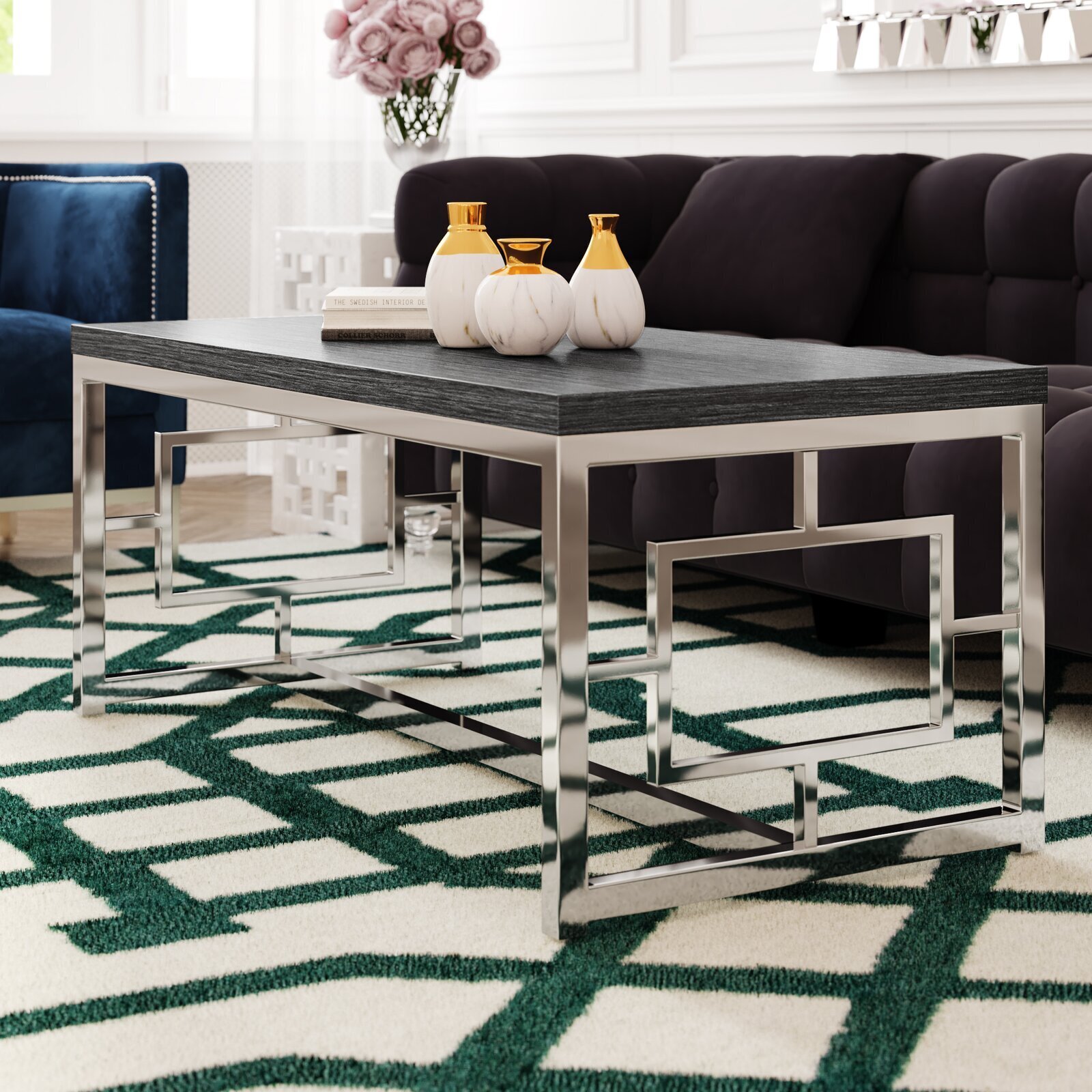 Wood coffee table with geometric chrome legs