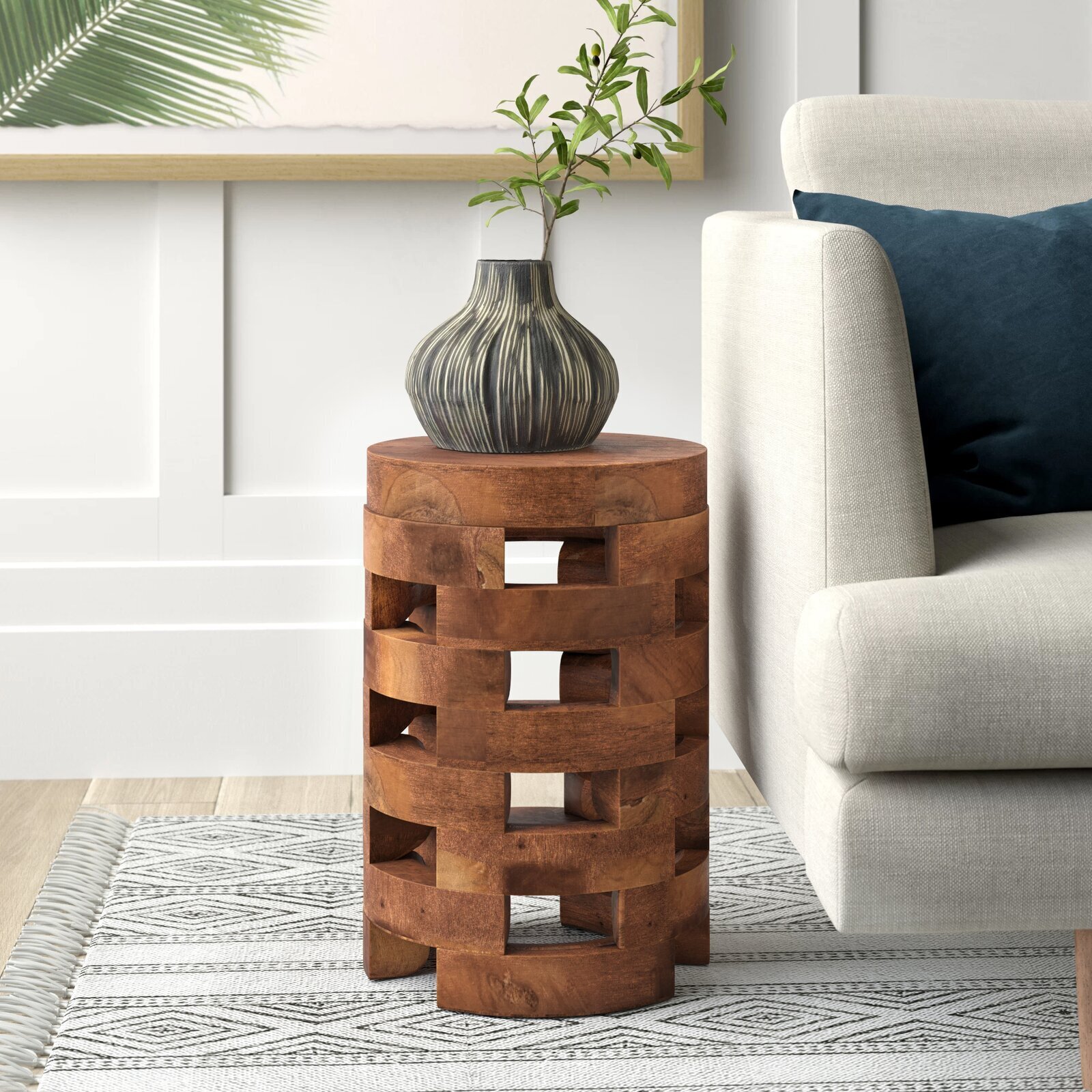 Wood Drum Plant Stand Table