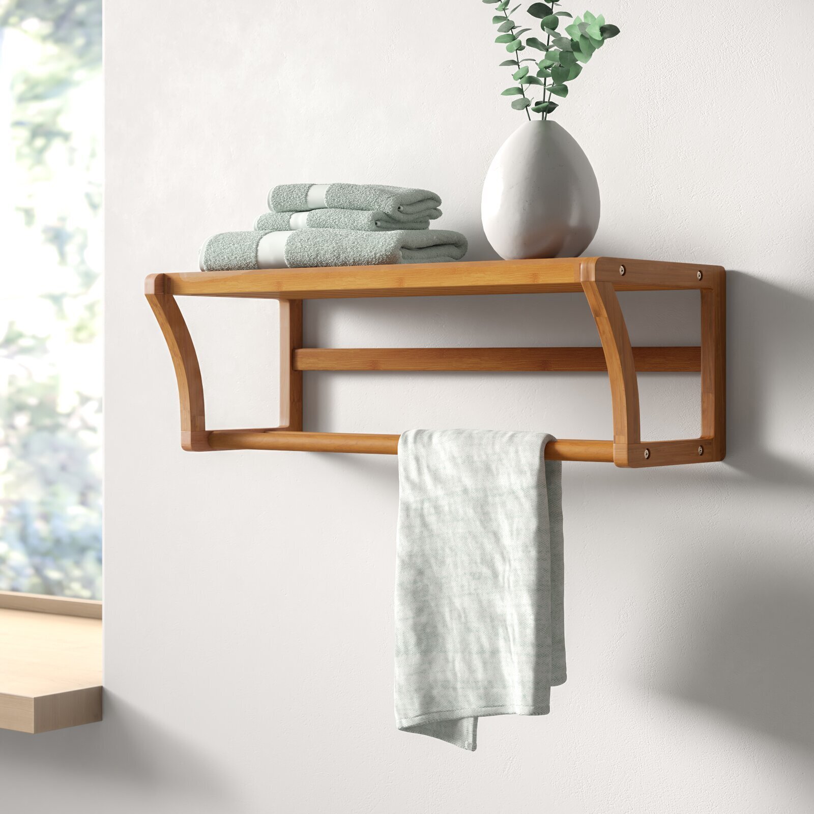 Wooden Bathroom Shelf With Towel Rack to Reduce the Clutter