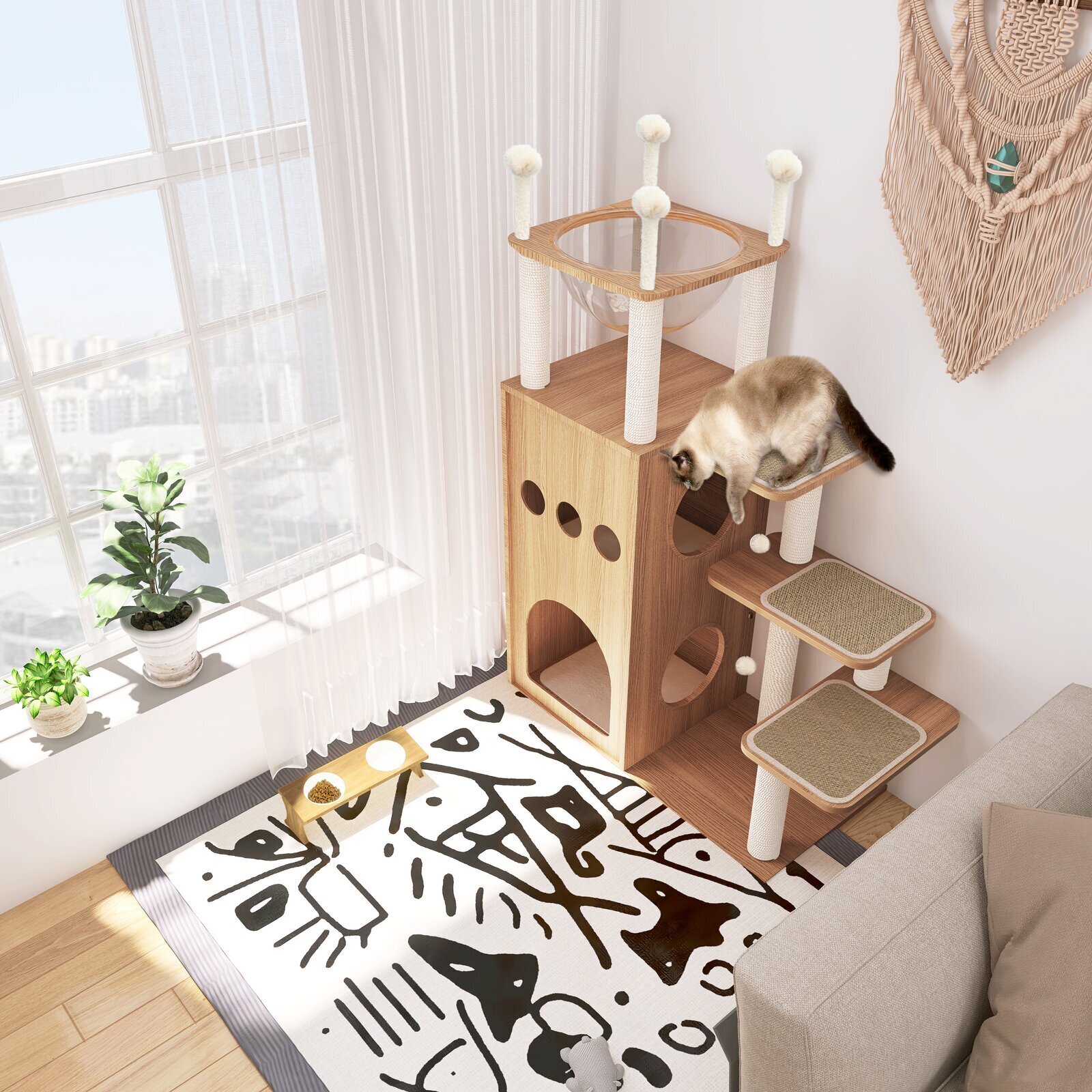 Wooden Fat Cat Tower with Solid Plastic Bowl
