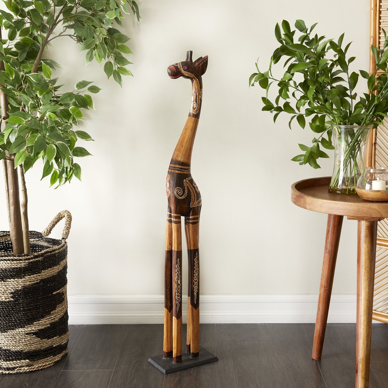 Wooden Giraffe Statue with White Beading