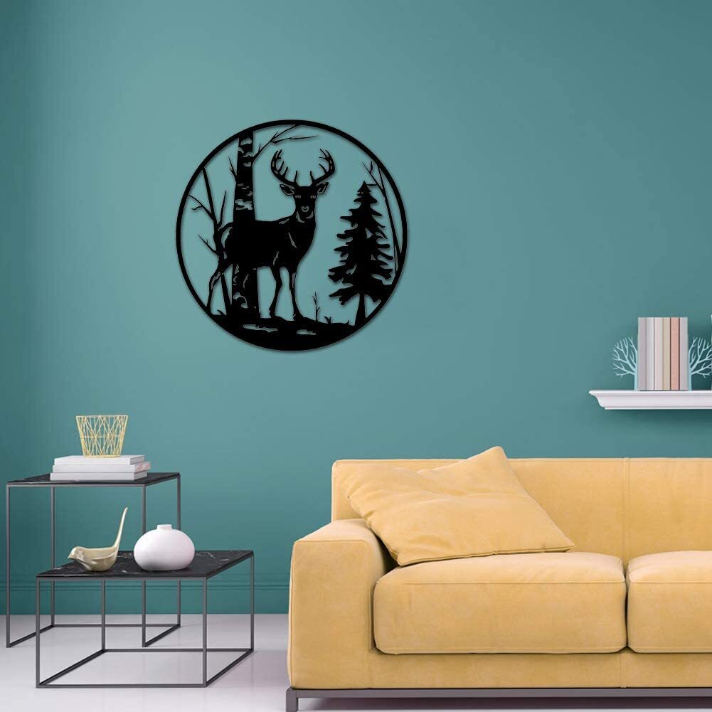Woodland Silhouette Round Metal Wall Art In True Log Cabin Fashion