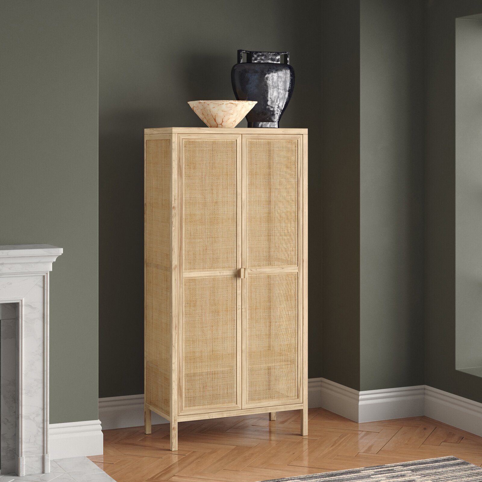Woven Rattan Armoire In A Light Brown Finish 