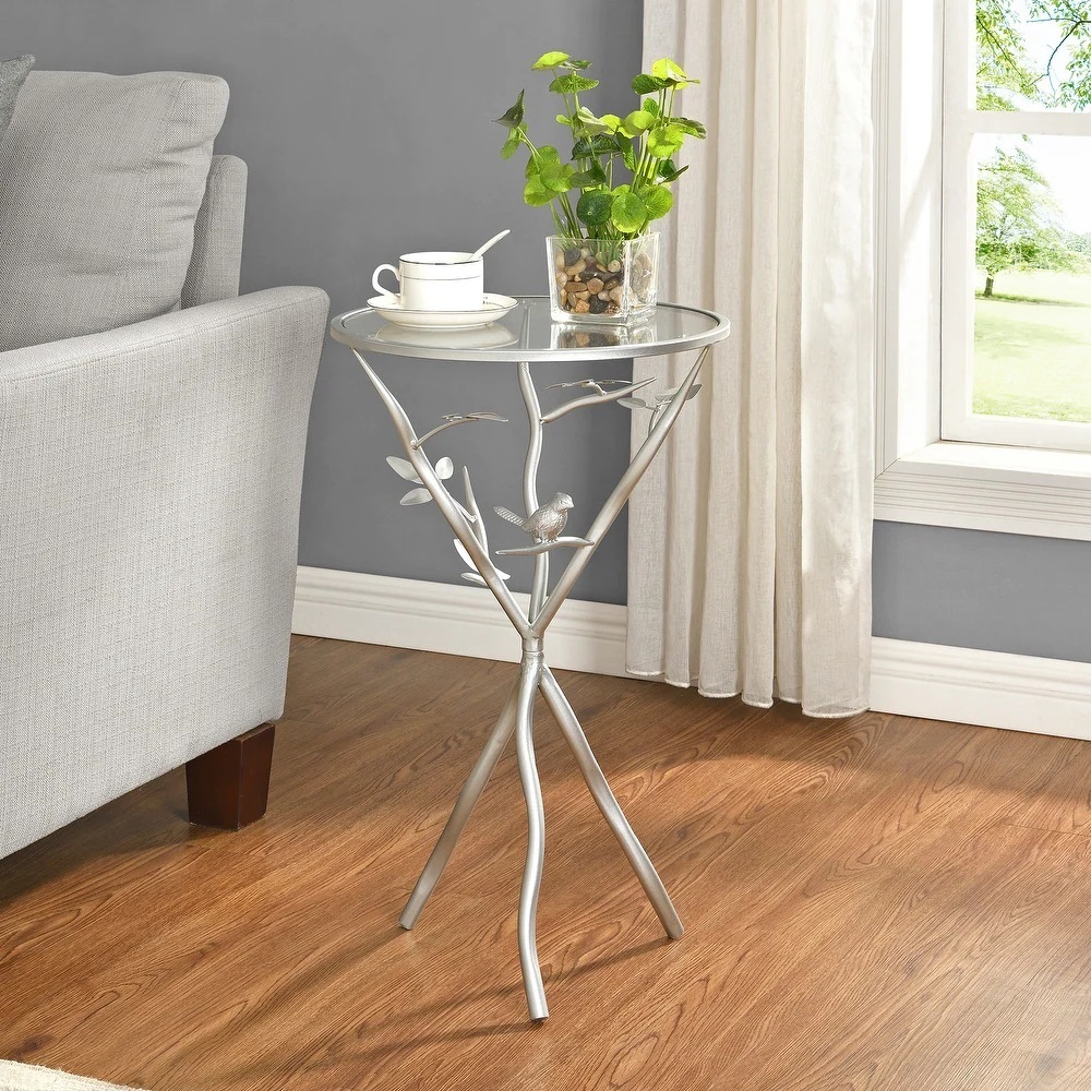 Bird Detail Iron End Table with Glass Top