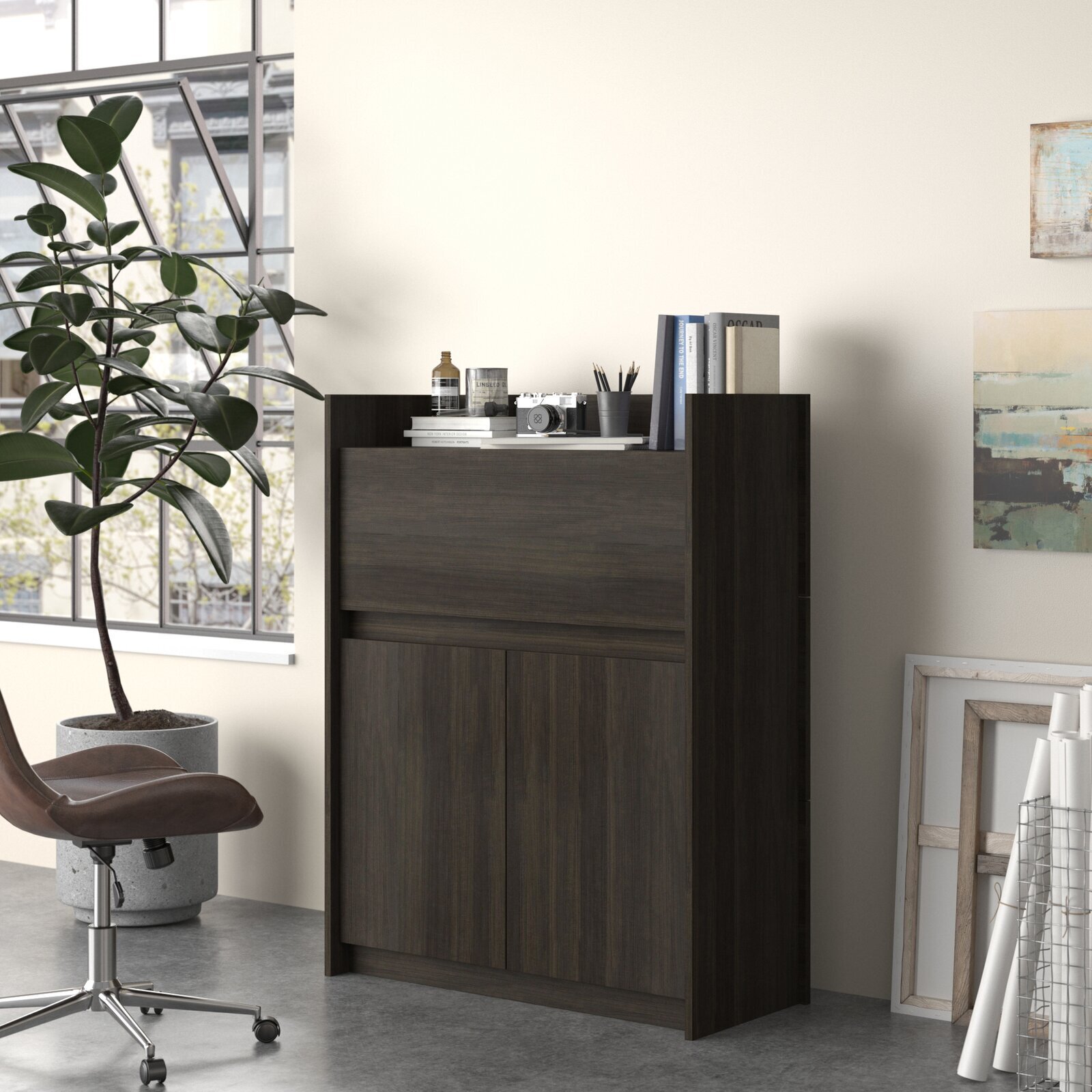 Chunky Black Secretary Desk With Top Shelf 