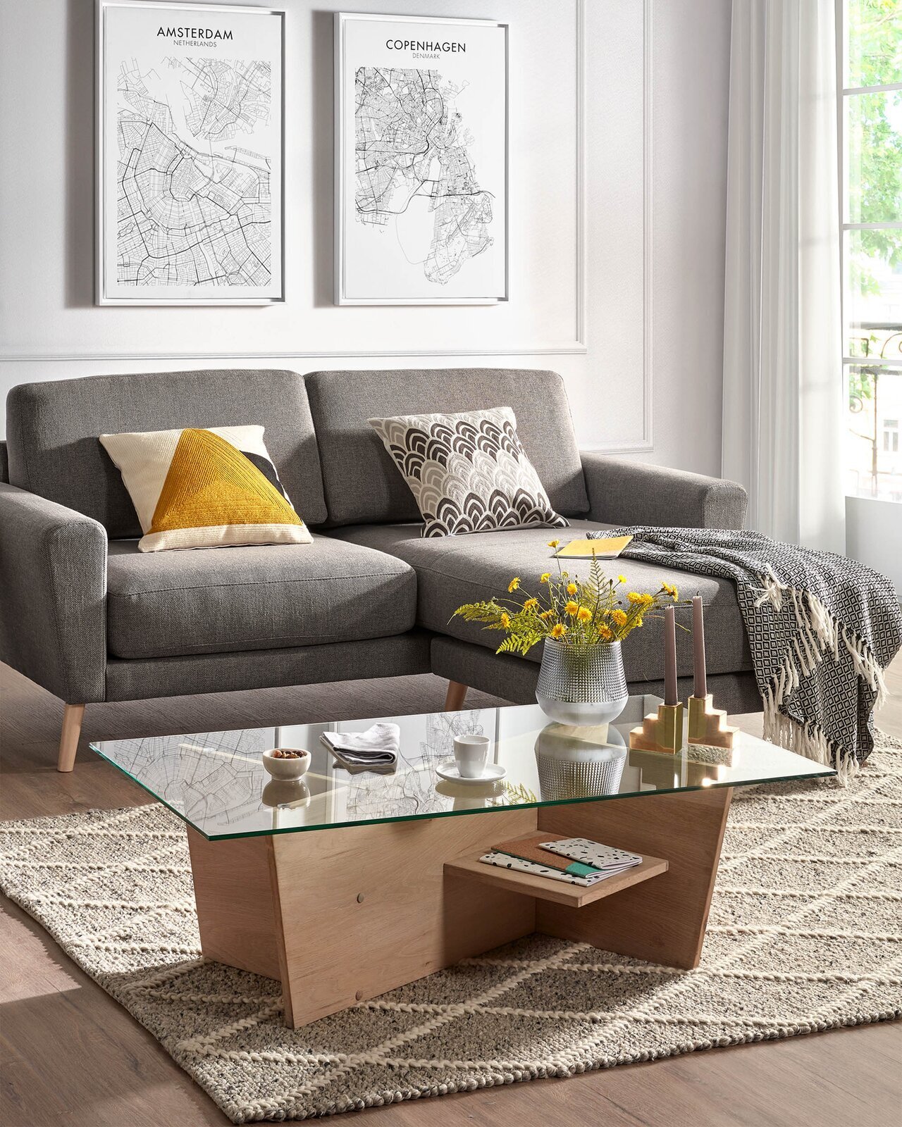 Geometric Oak Coffee Table with Glass Top