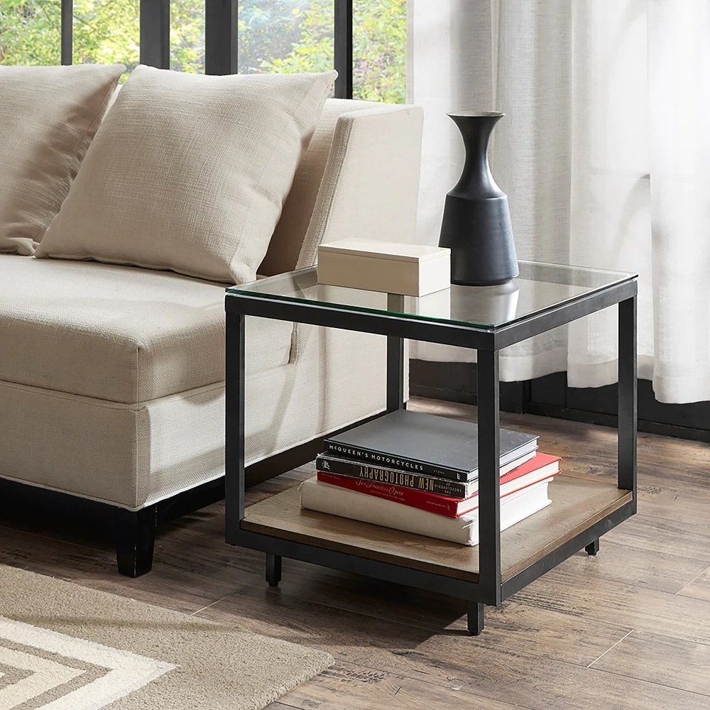 Metal and Glass Side Table with Wood Shelf