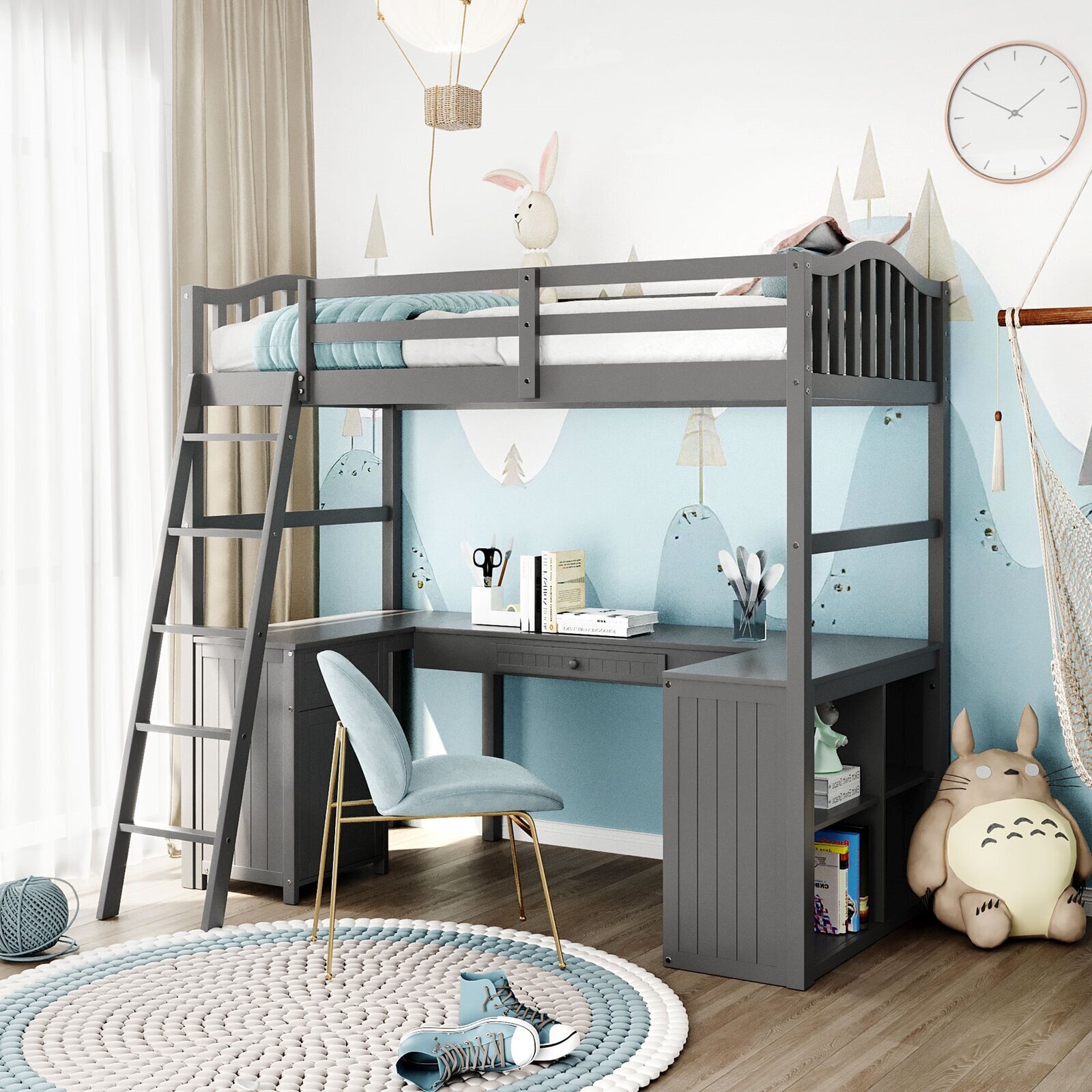 Pine Wood Loft Bed With Desk Underneath 