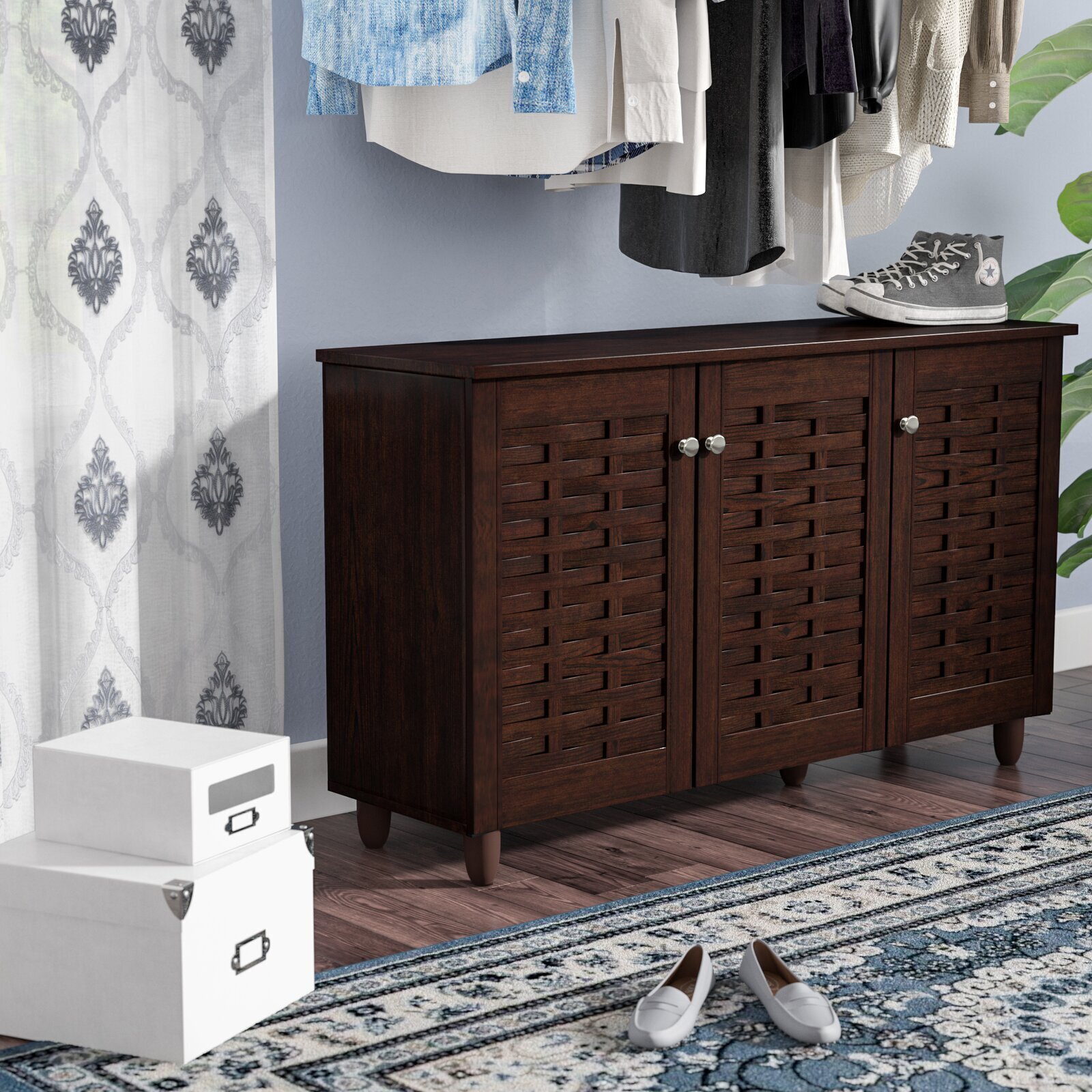 Shoe Cabinet with Woven Carvings
