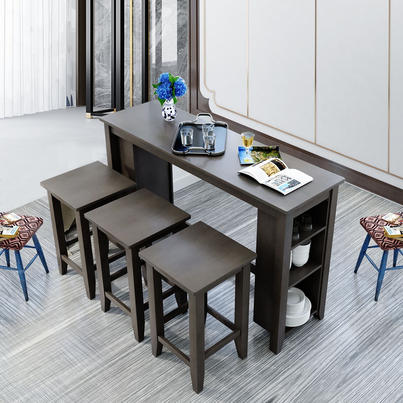 Simple Slim Dark Grey Table With Stools 