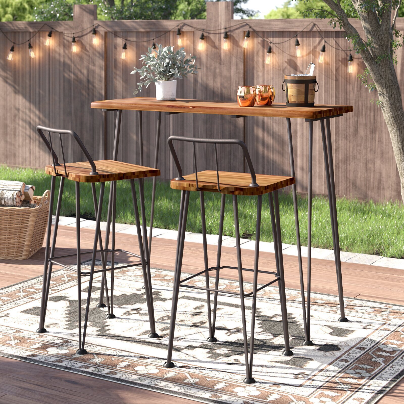 Teak and Metal Small Outdoor Bar Set 