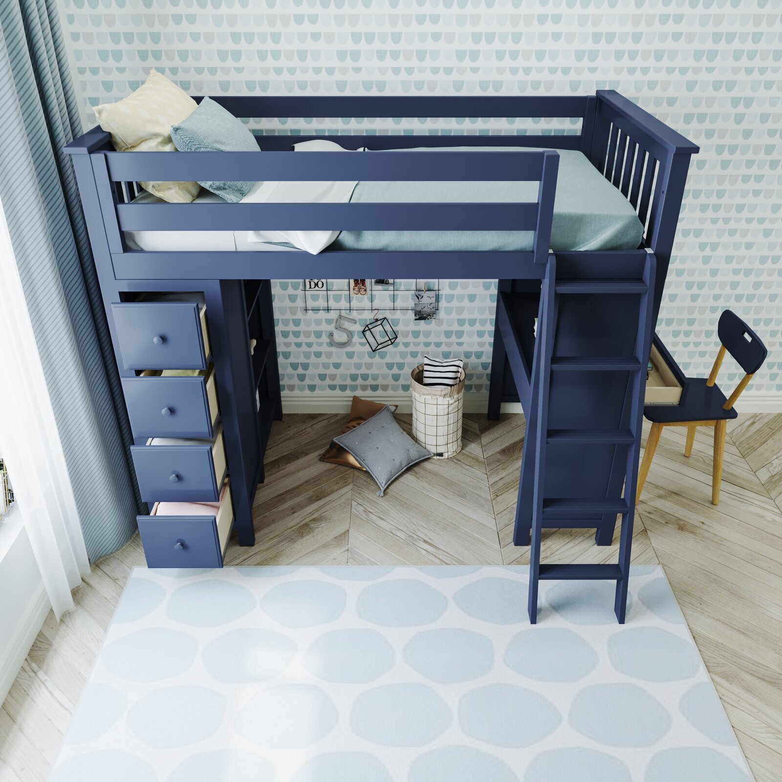 Traditional Style Wood Loft Bed With Bookcase and Desk