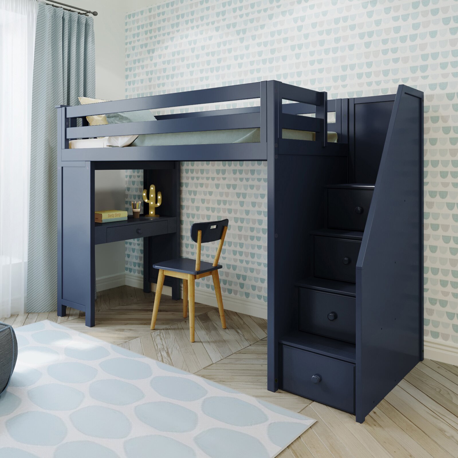 Twin Bed with Desk Underneath and 4 Drawer Staircase 