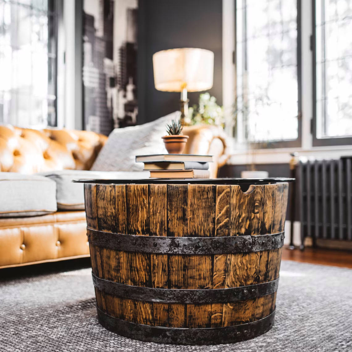 Whiskey Barrel Table with Glass Top
