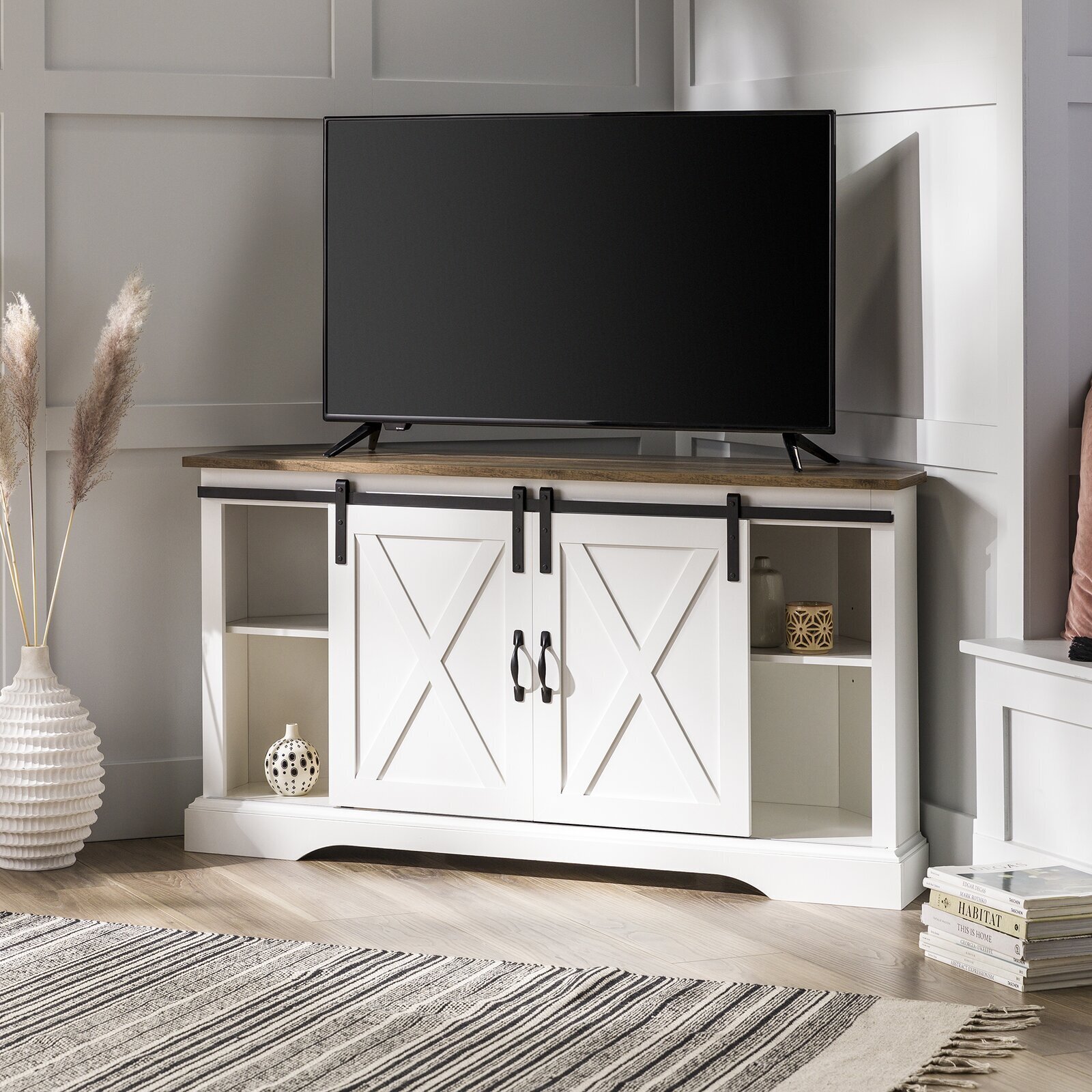 White Corner TV Cabinet With Doors That Slide