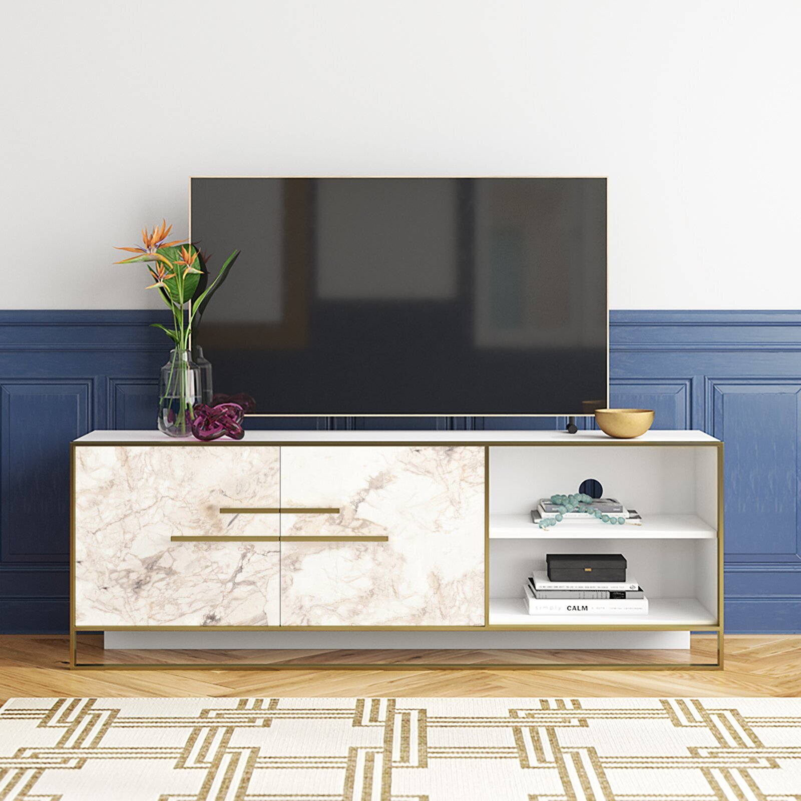 White Wood With Marble Like Front Luxury TV Stand 