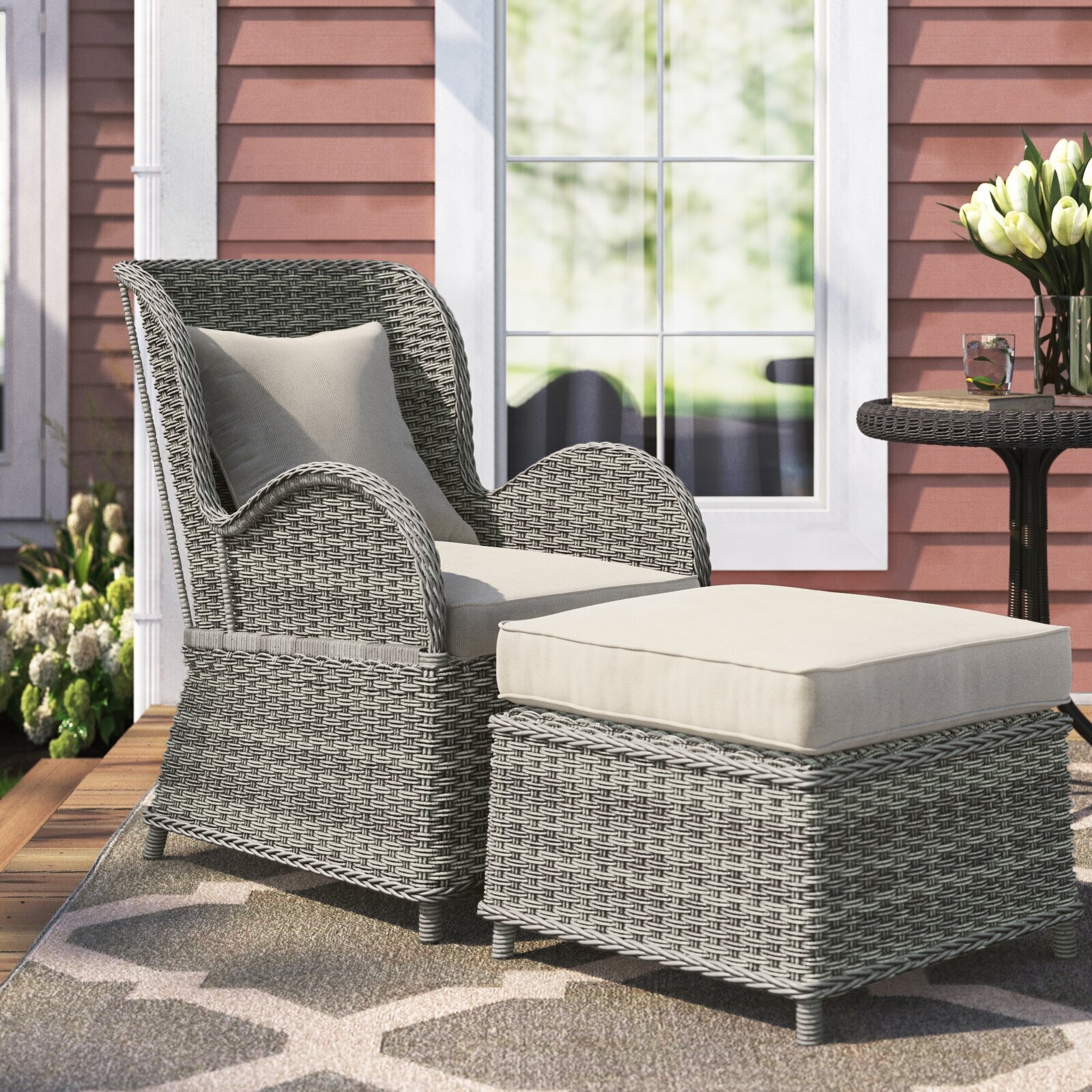 Wicker High Back Chair With Ottoman 
