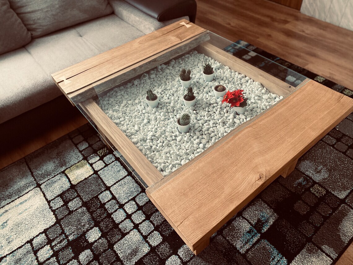 Wooden Coffee Table with Glass Top