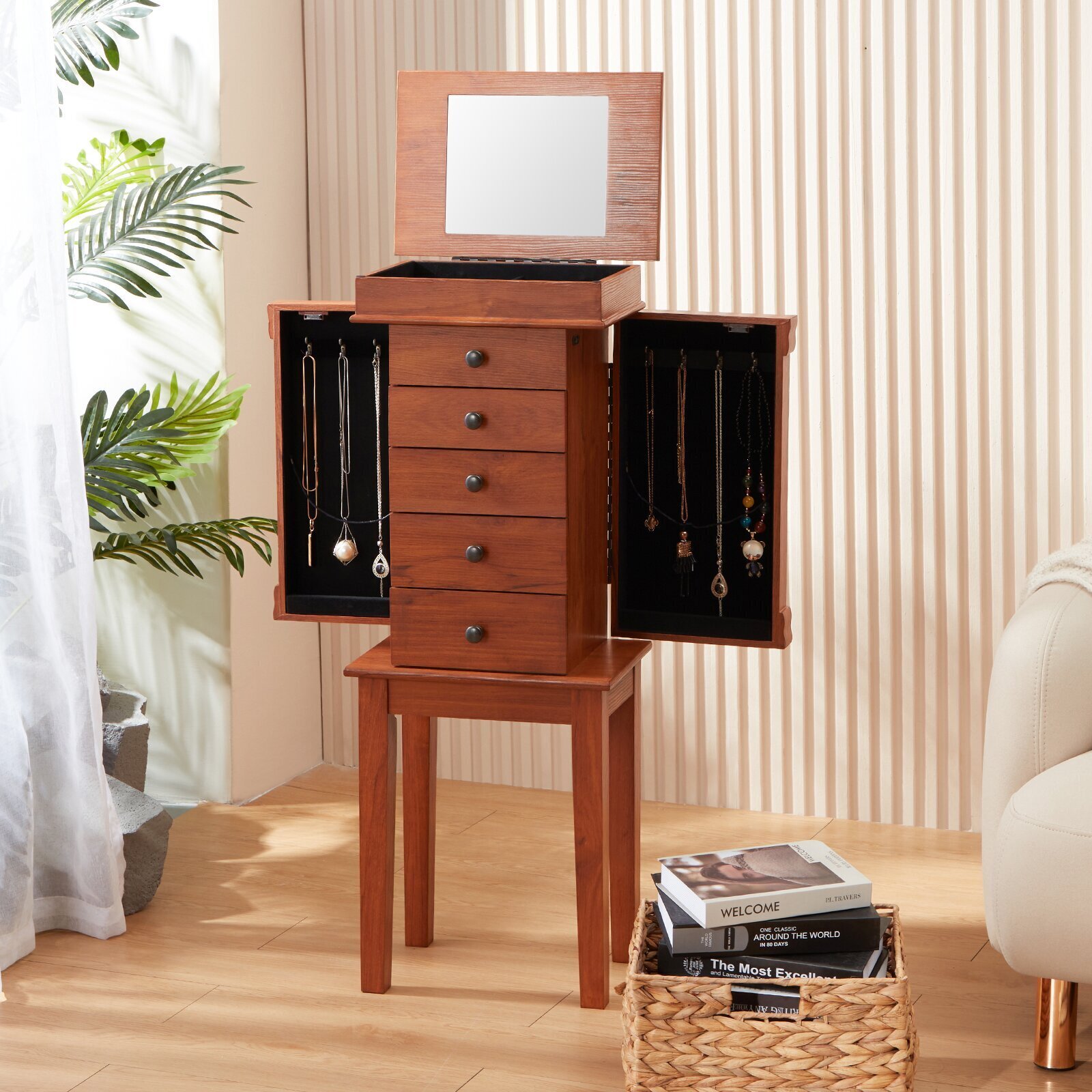Wooden Storage With Drawers And Flip Up Mirror 