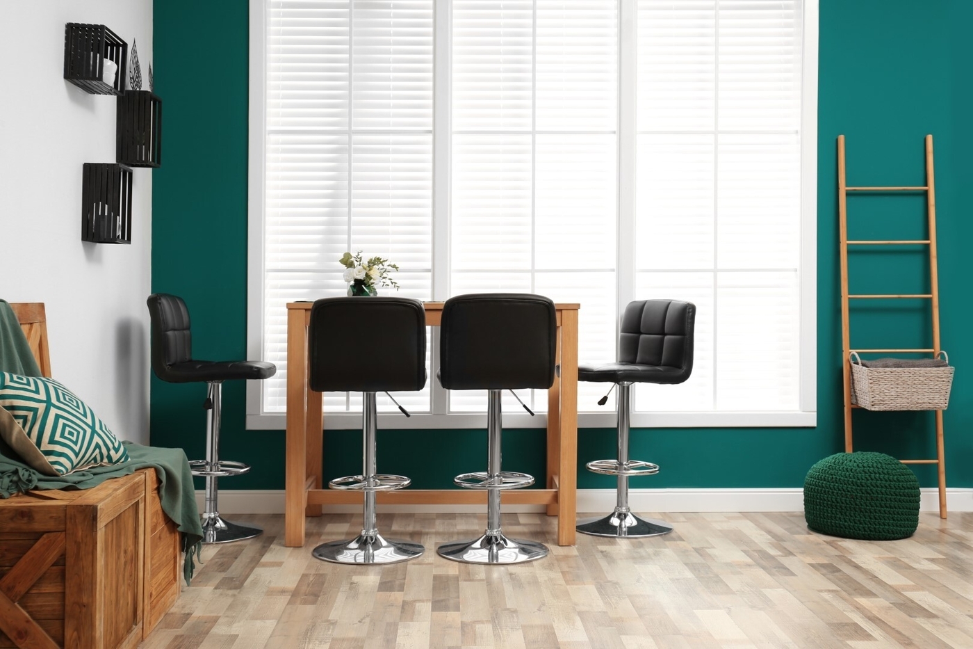Wooden table and bar chairs