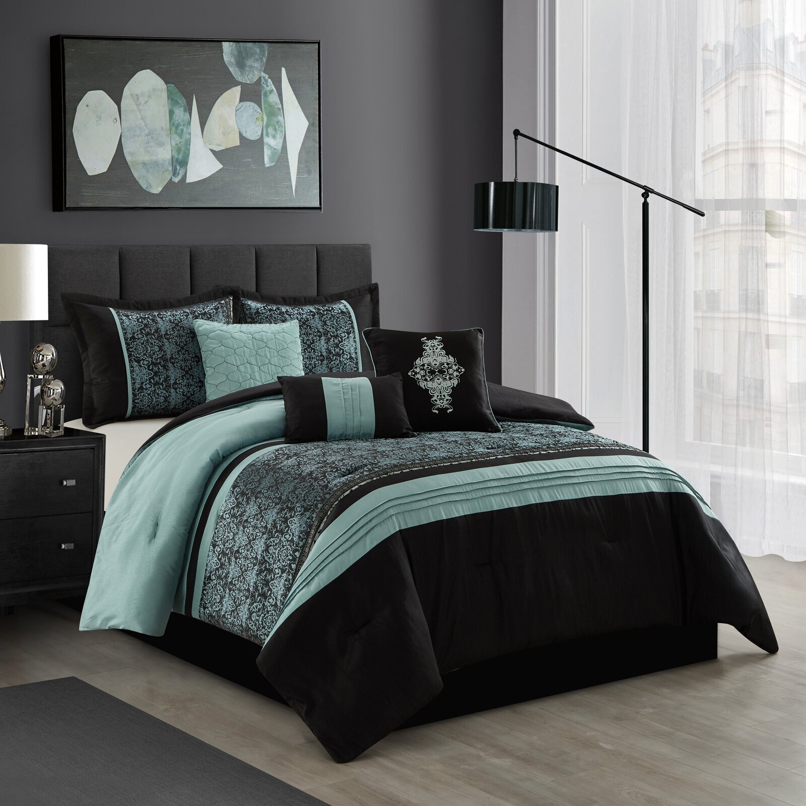 Blue and Black Damask Bedding Set