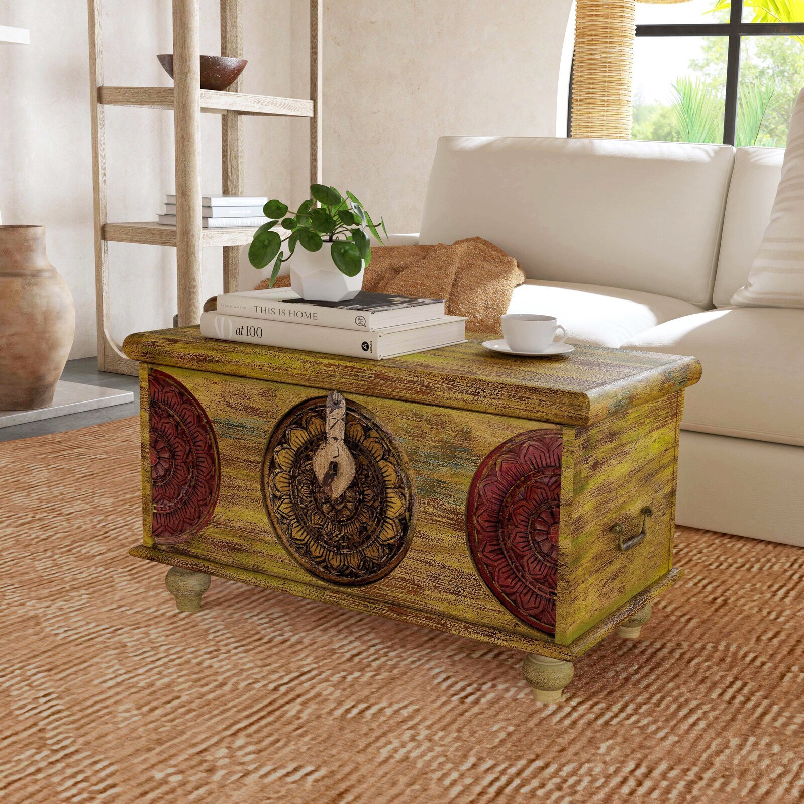 Bold Antique Coffee Chest With Medallion Decoration 