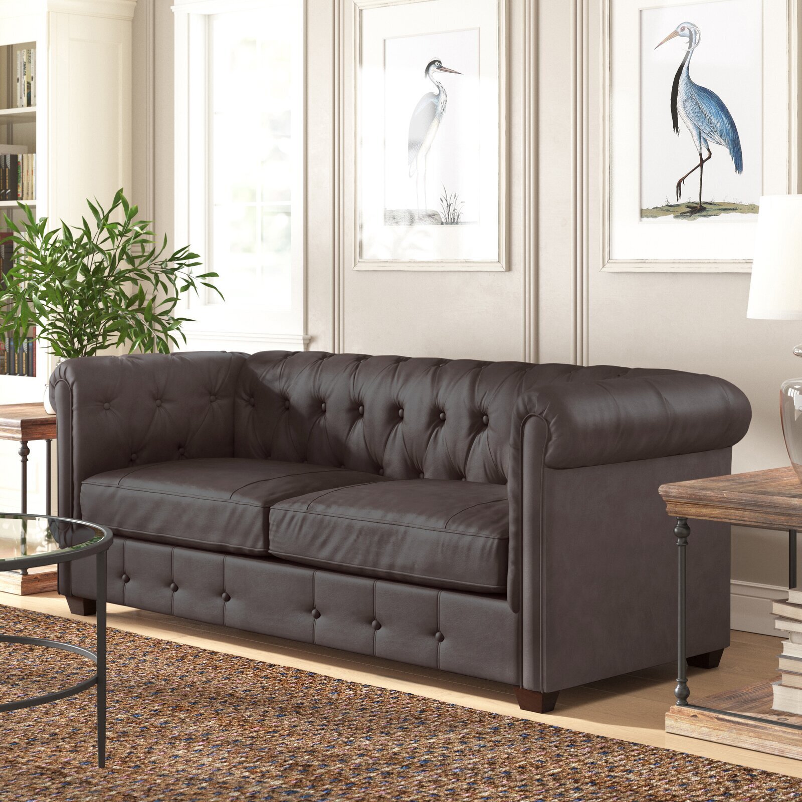 Button Tufted Taupe Leather Sofa