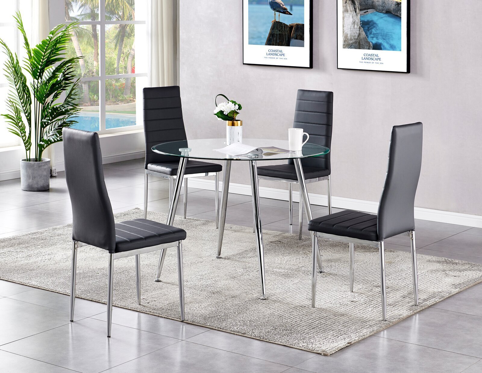 Chrome And Glass Table With Faux Leather Chairs 