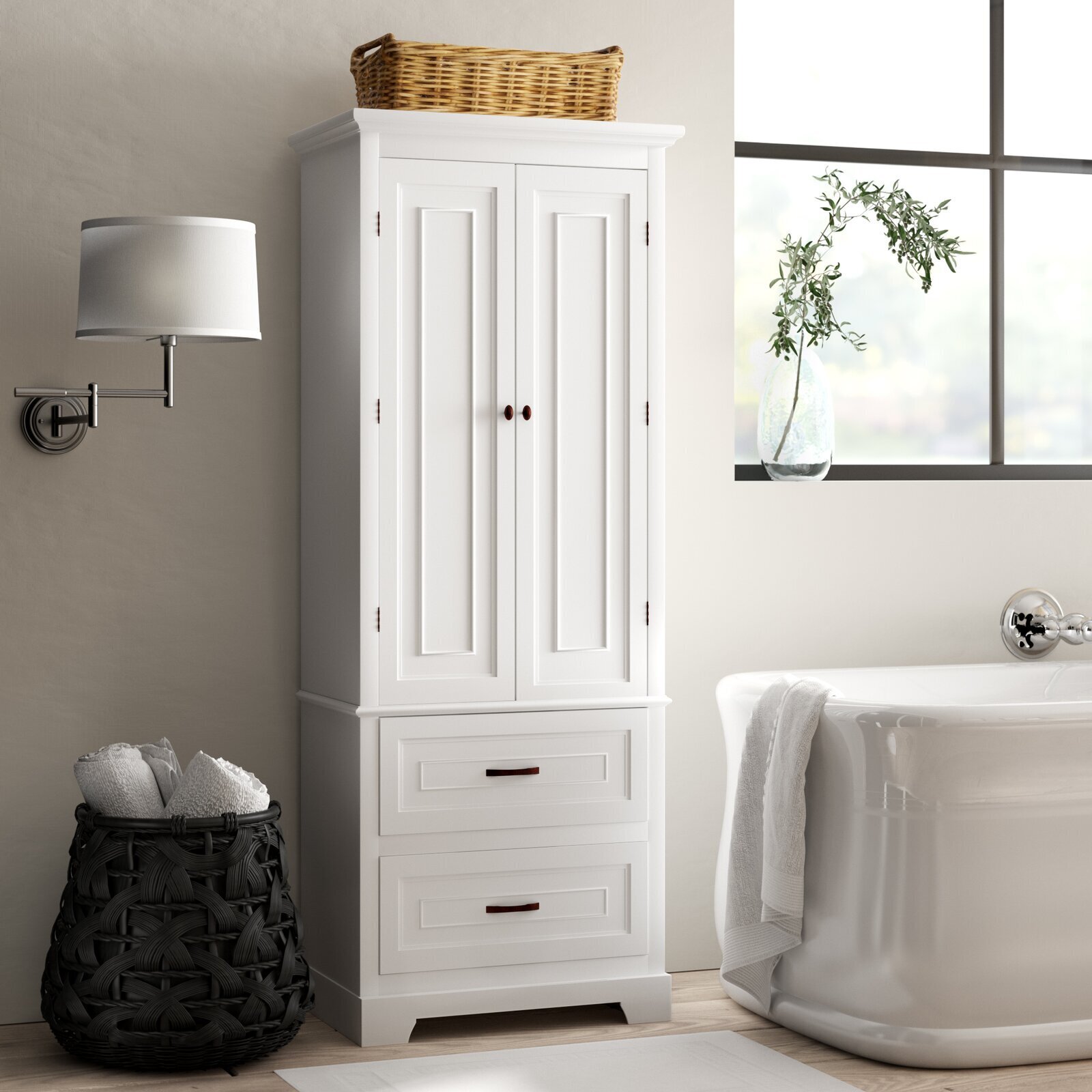 Closed White Linen Cabinet With Bronze Detailing 