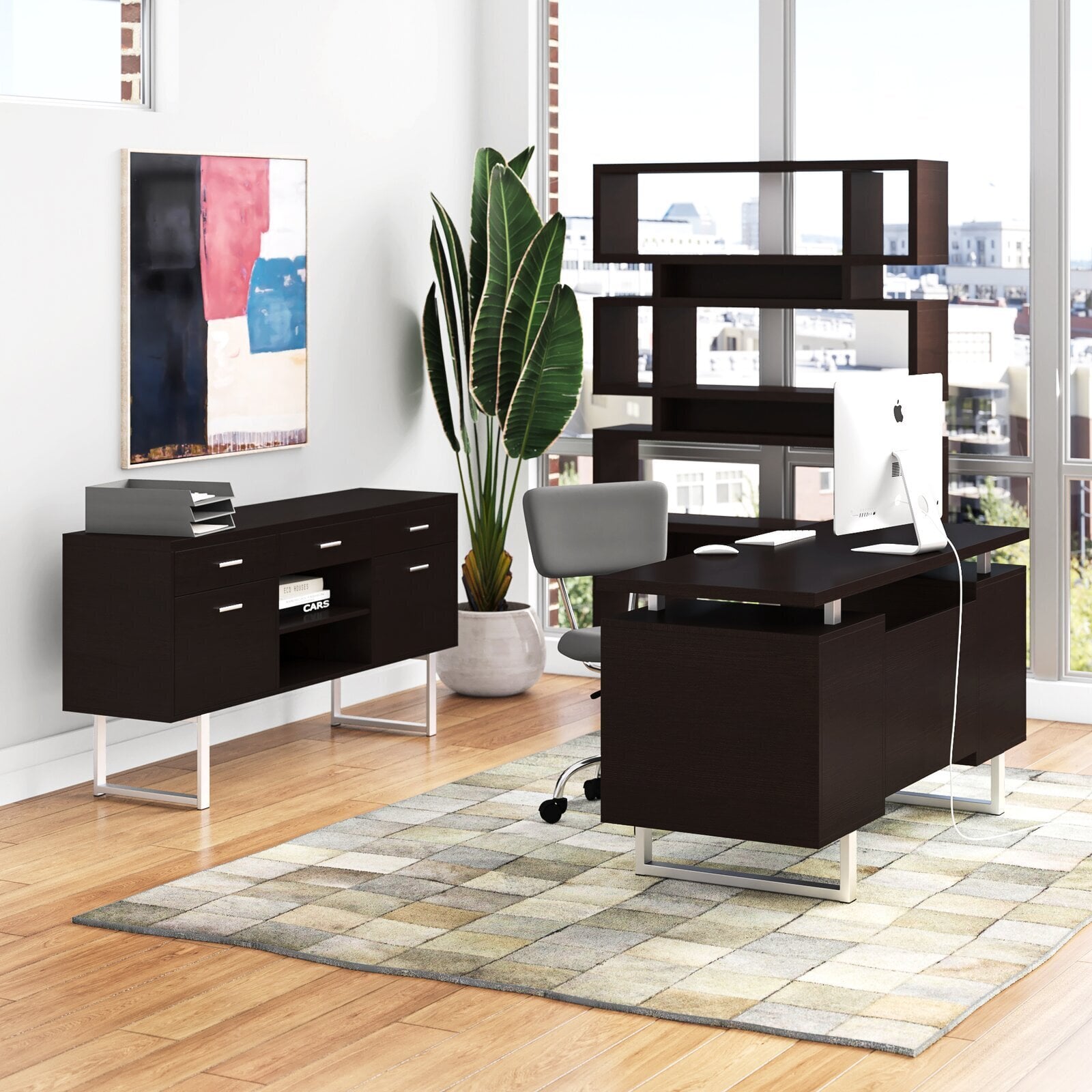 Dark Wood Modern Executive Desk with Credenza