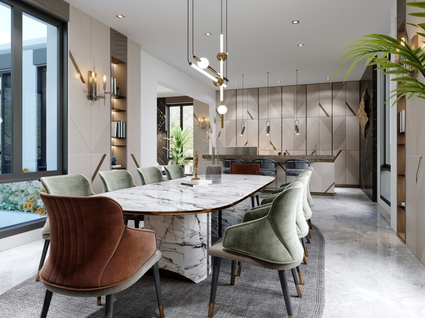 Dining room and table with white marble