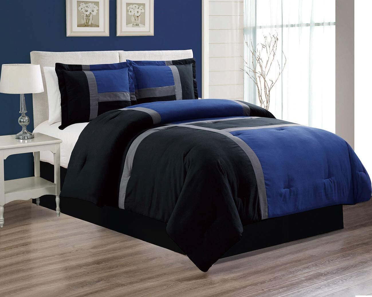 Four Piece All Season Blue And Black Down Alternative Set