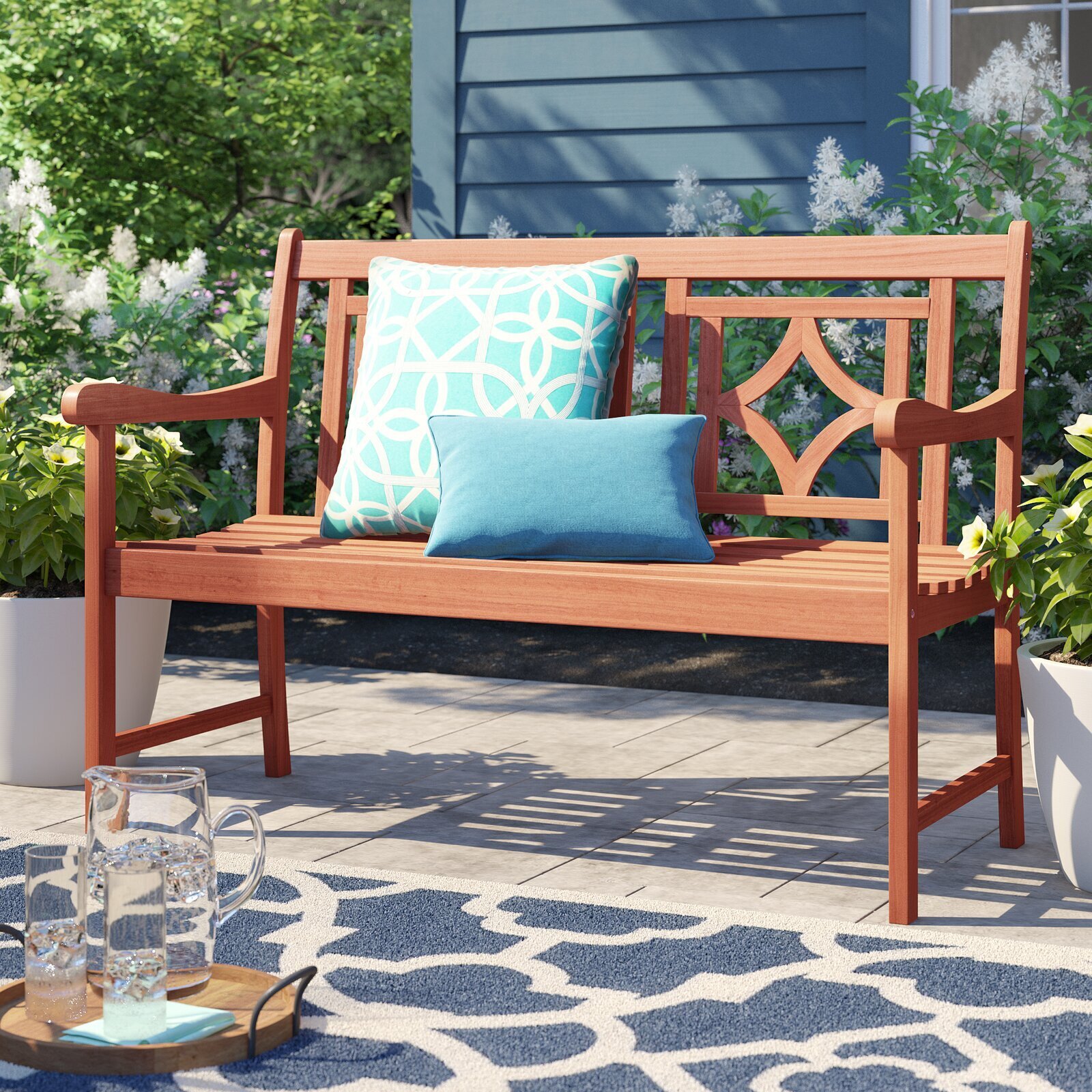 Long Wooden Bench With Diamond Back Cut Out 