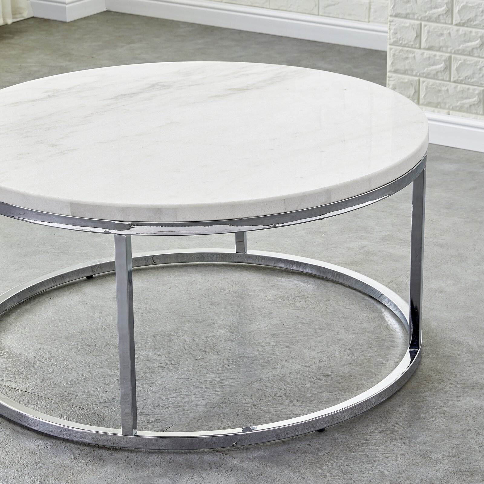 Marble Top Round Coffee Table with Mirrored Chrome Base