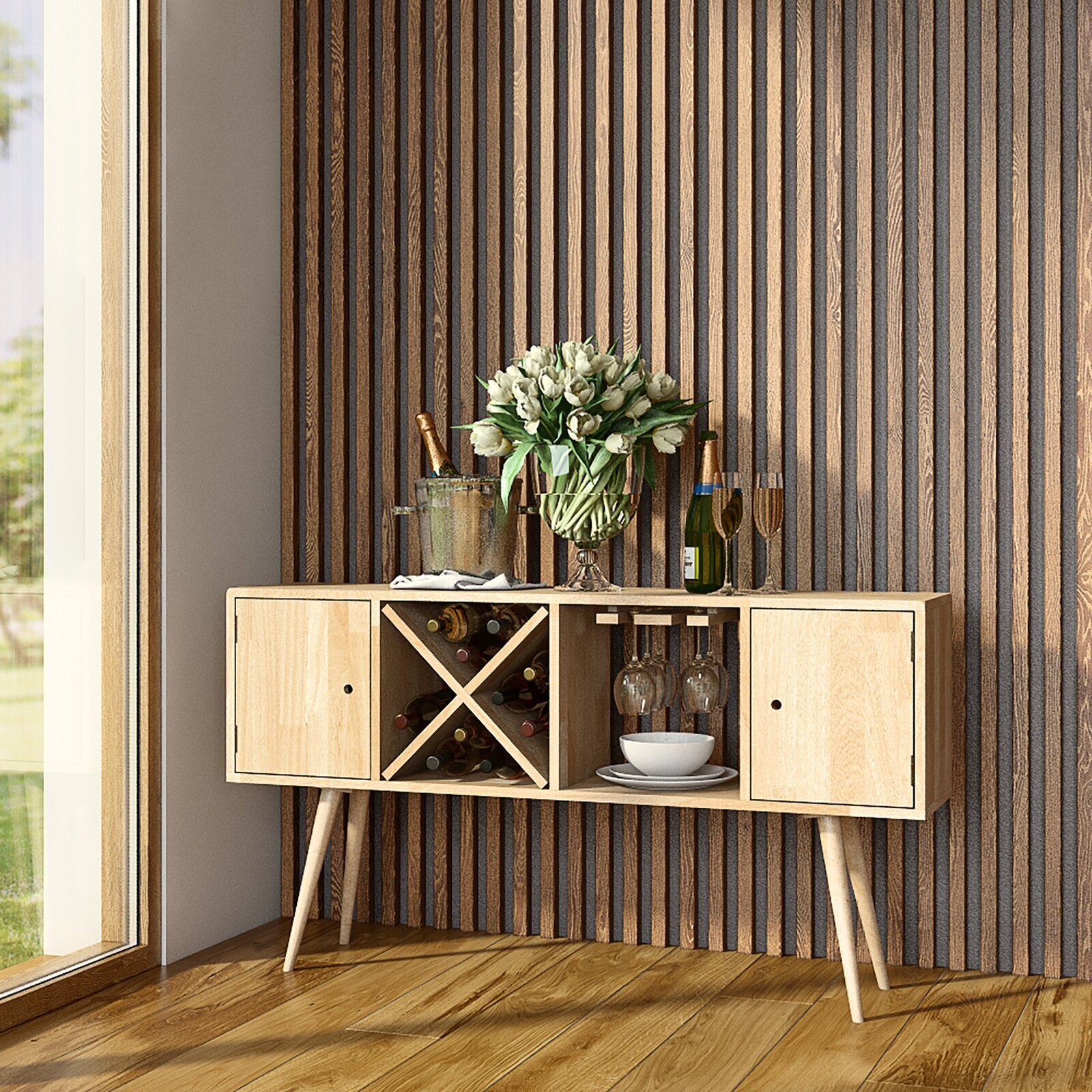 Mid Century Modern Buffet Table With Wine Rack