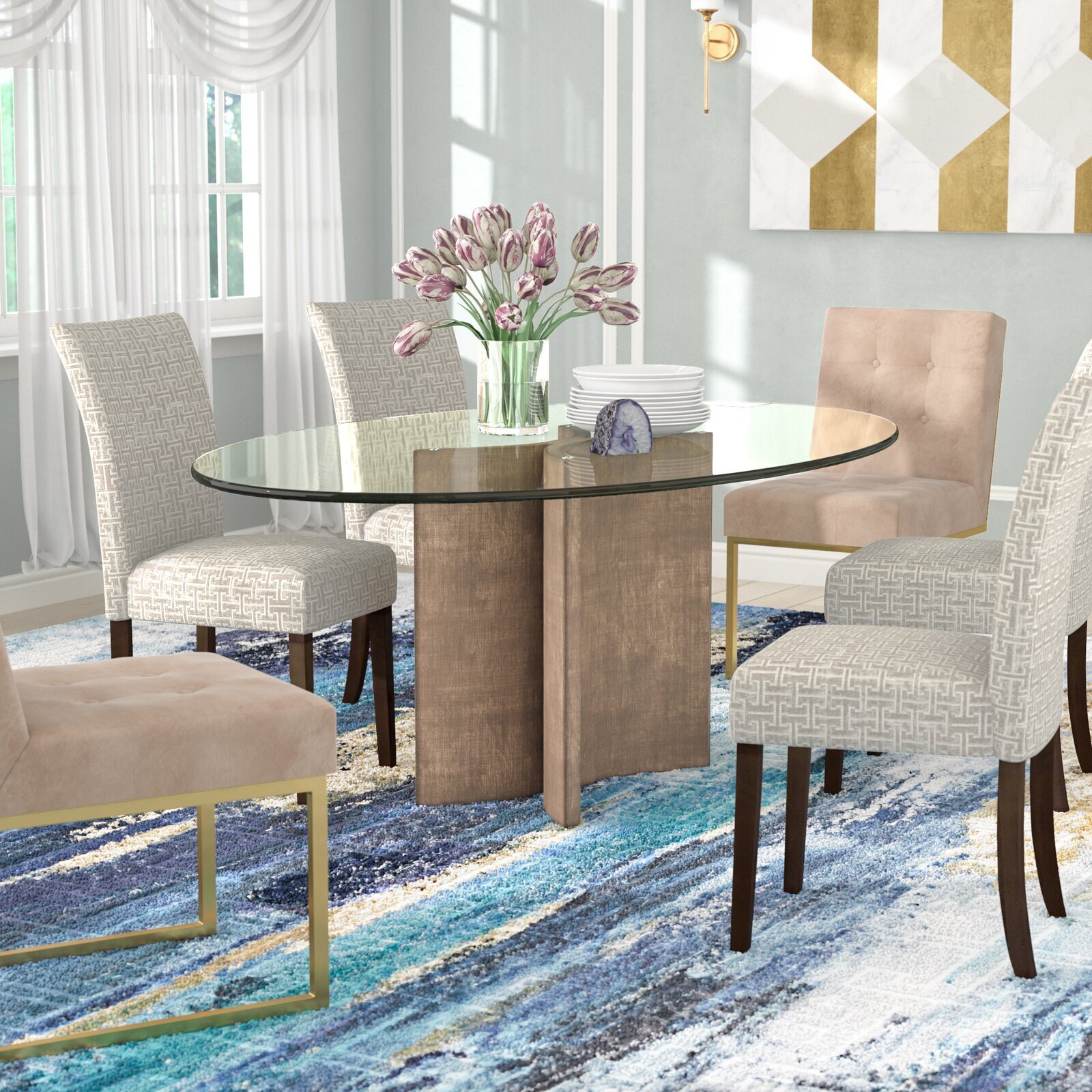 Modern Glass Topped Oval Dining Table